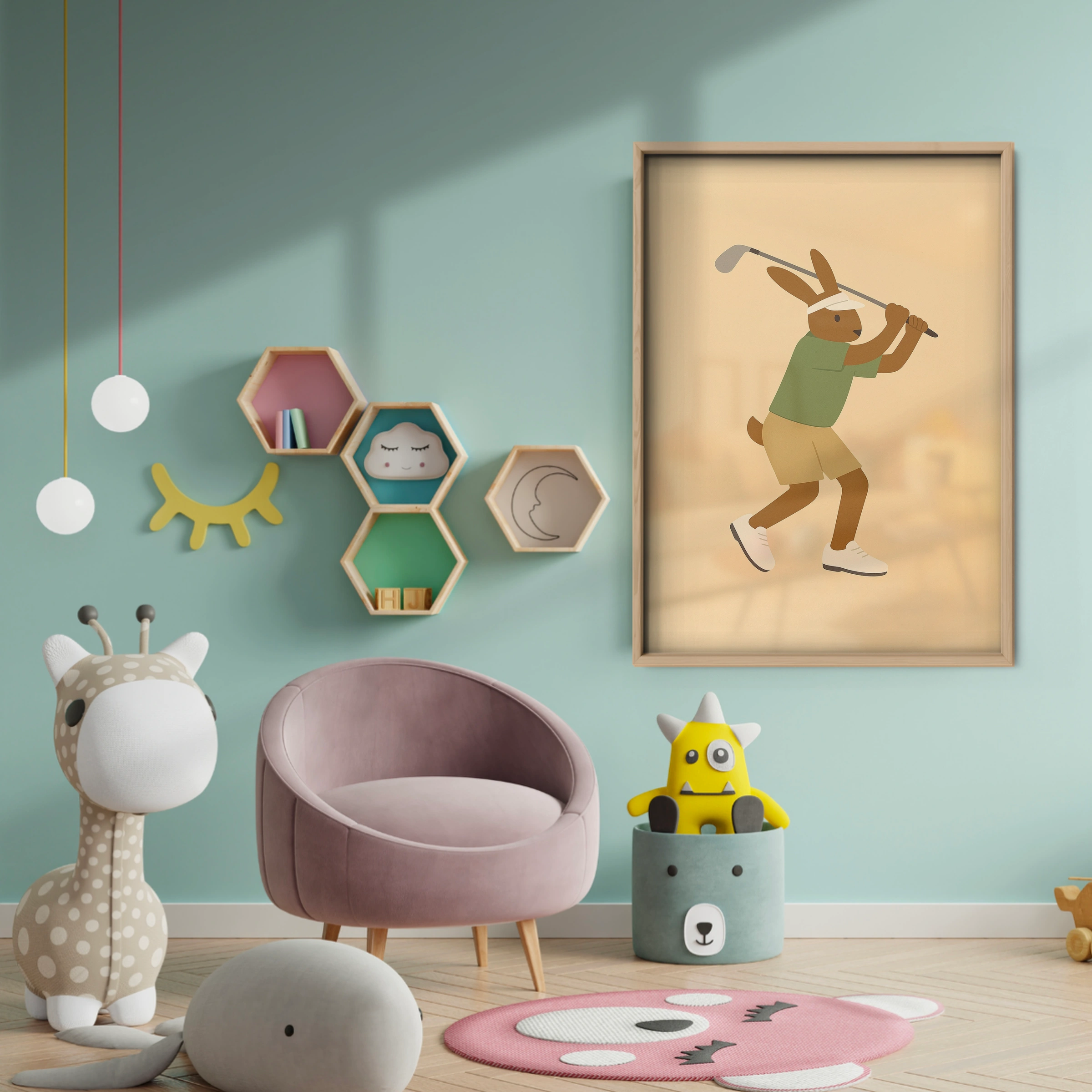 Golfer Rabbit Nursery Print - baby room wall decor print