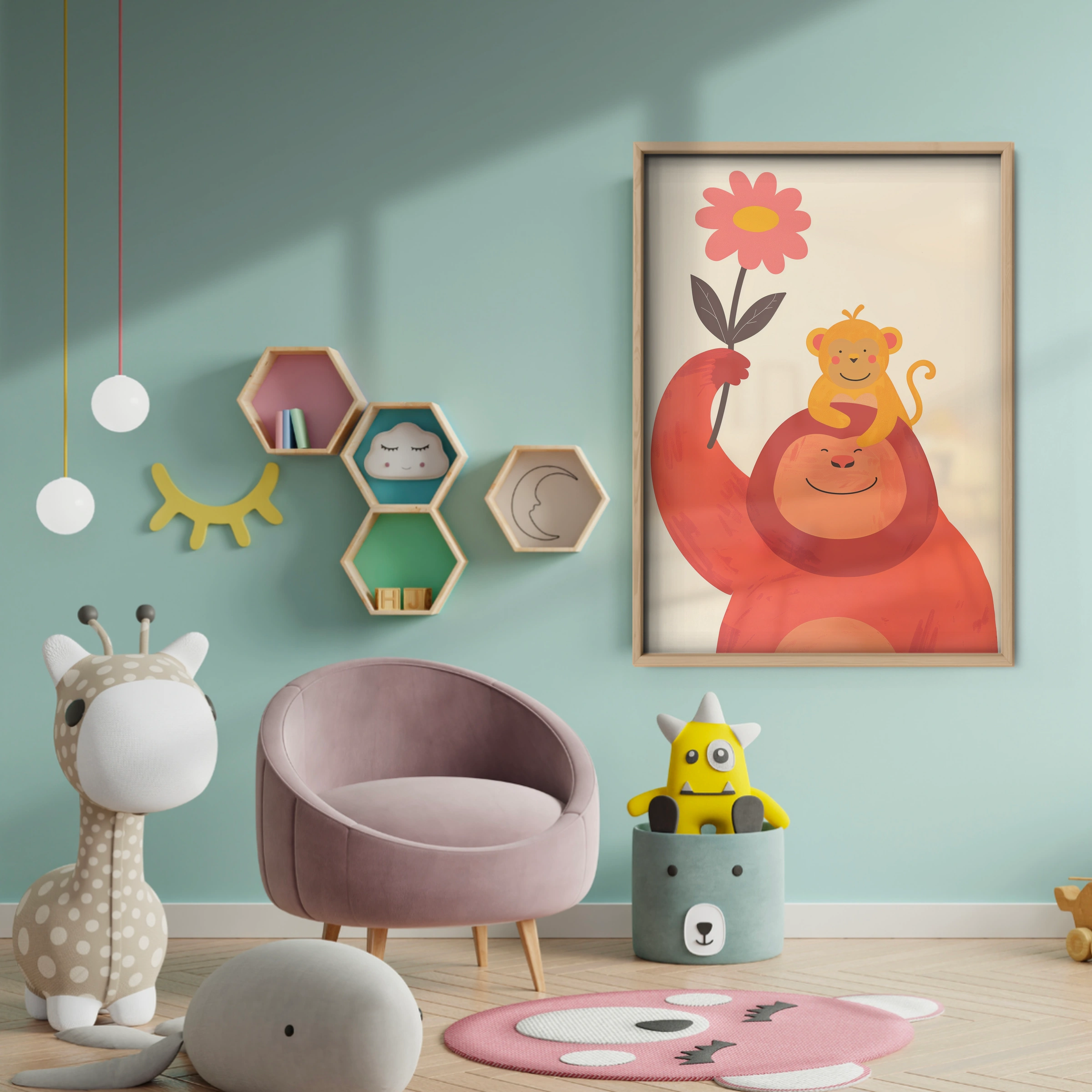 Gorilla and Monkey Nursery Print - baby room wall decor print
