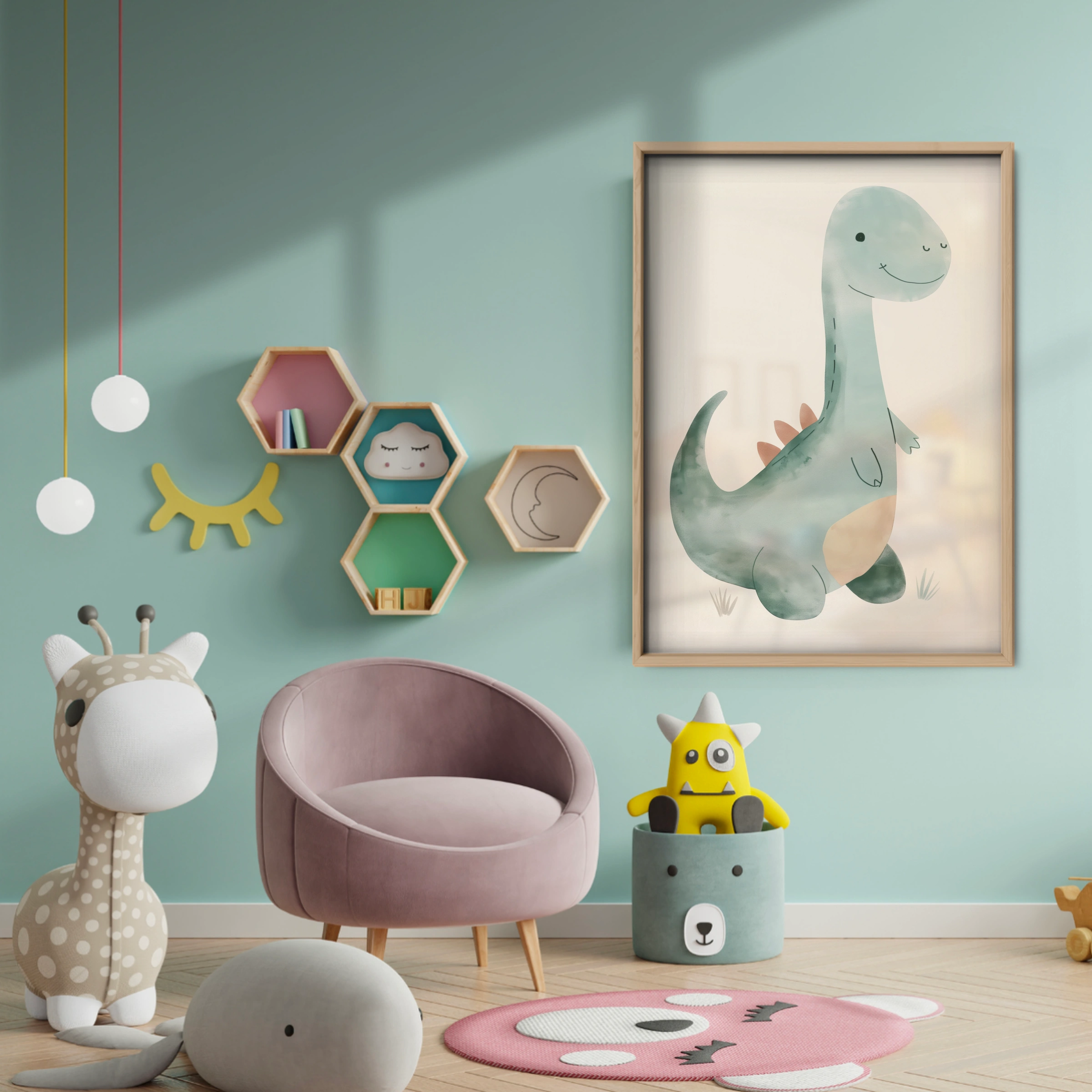 Green Dino Portrait Nursery Print - baby room wall decor print