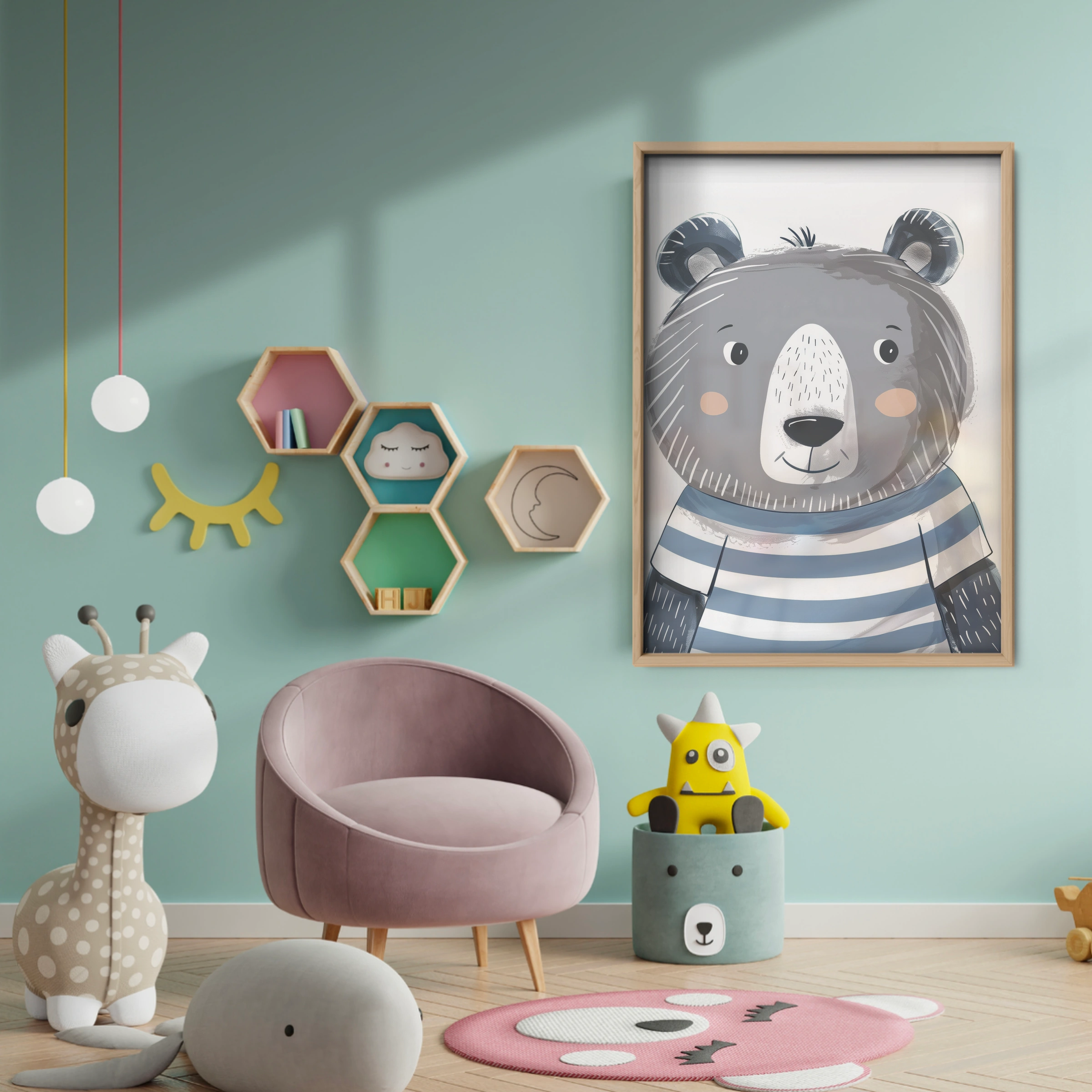 Grey Bear Nursery Print - baby room wall decor print