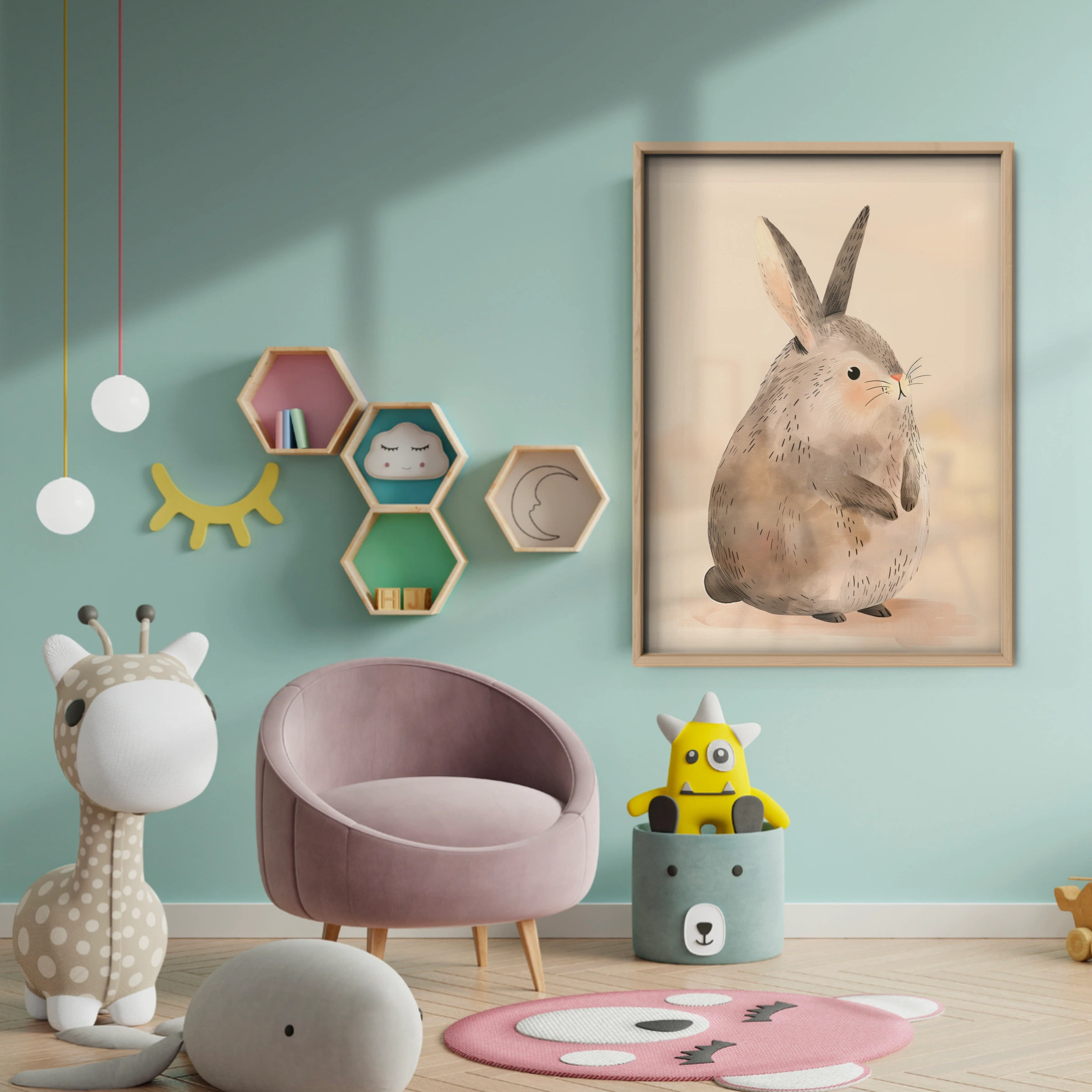 Grey Bunny Nursery Print - baby room wall decor print