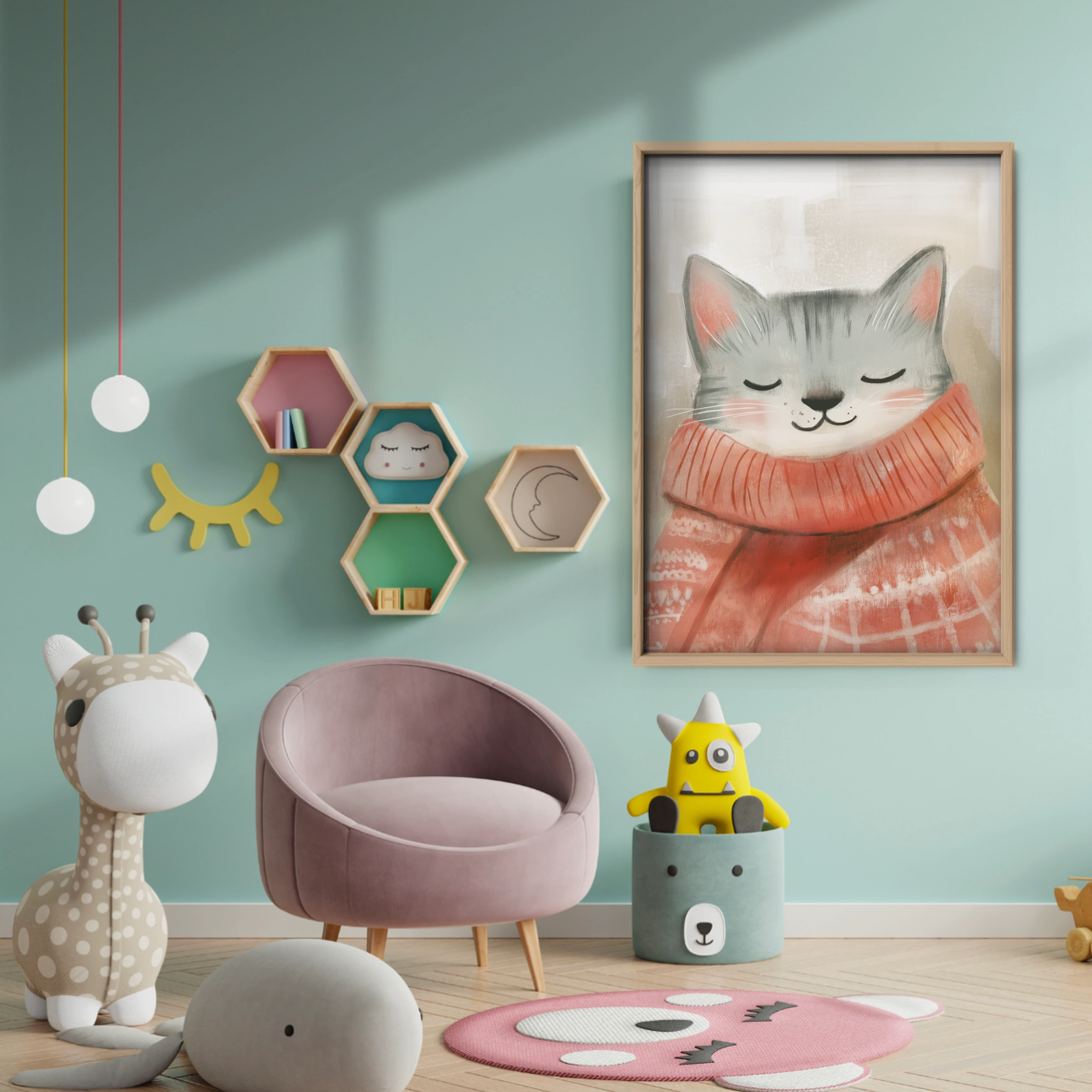 Grey Cat in a Scarf Christmas Print - baby room wall decor print