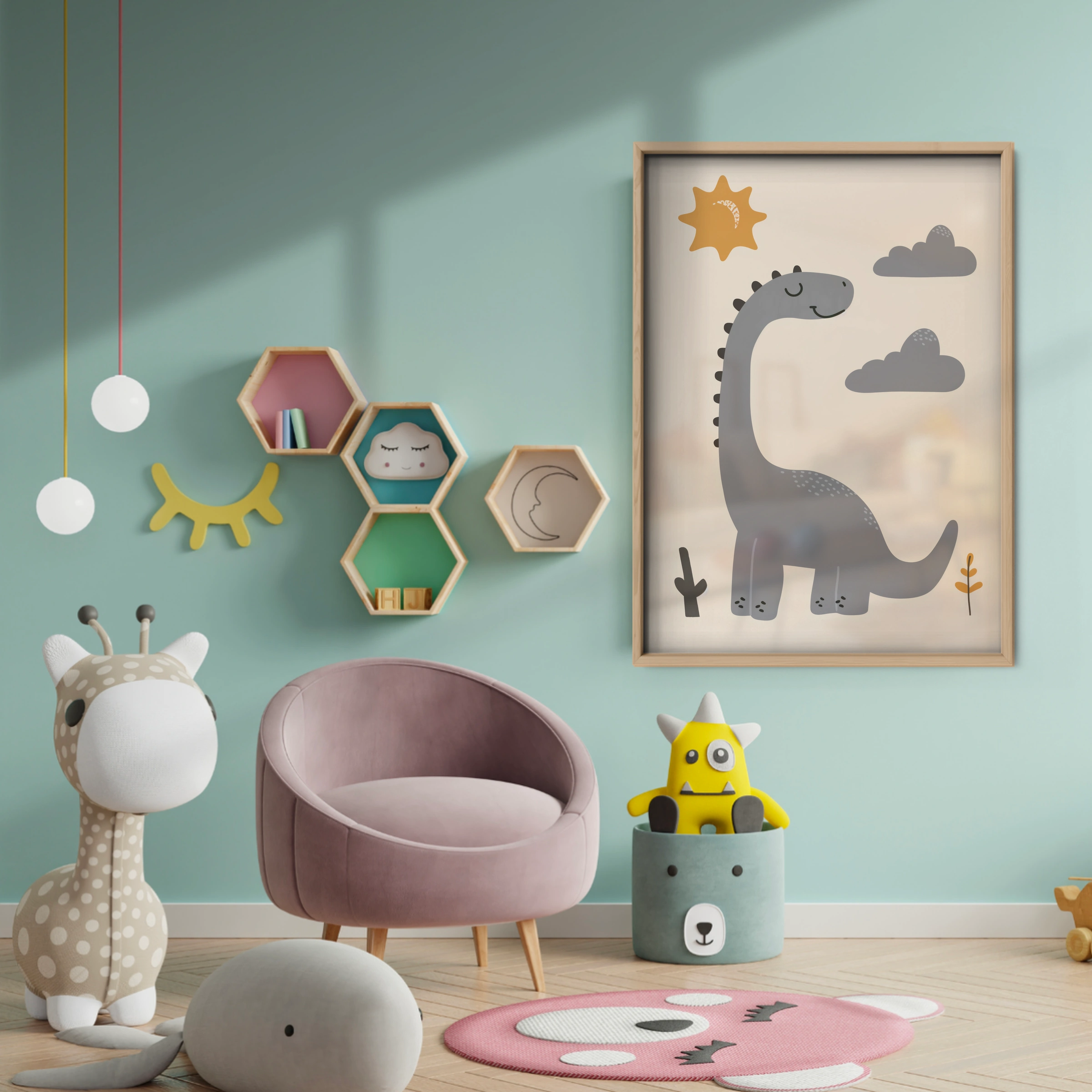 Grey Dinosaur and Sun Nursery Print - baby room wall decor print