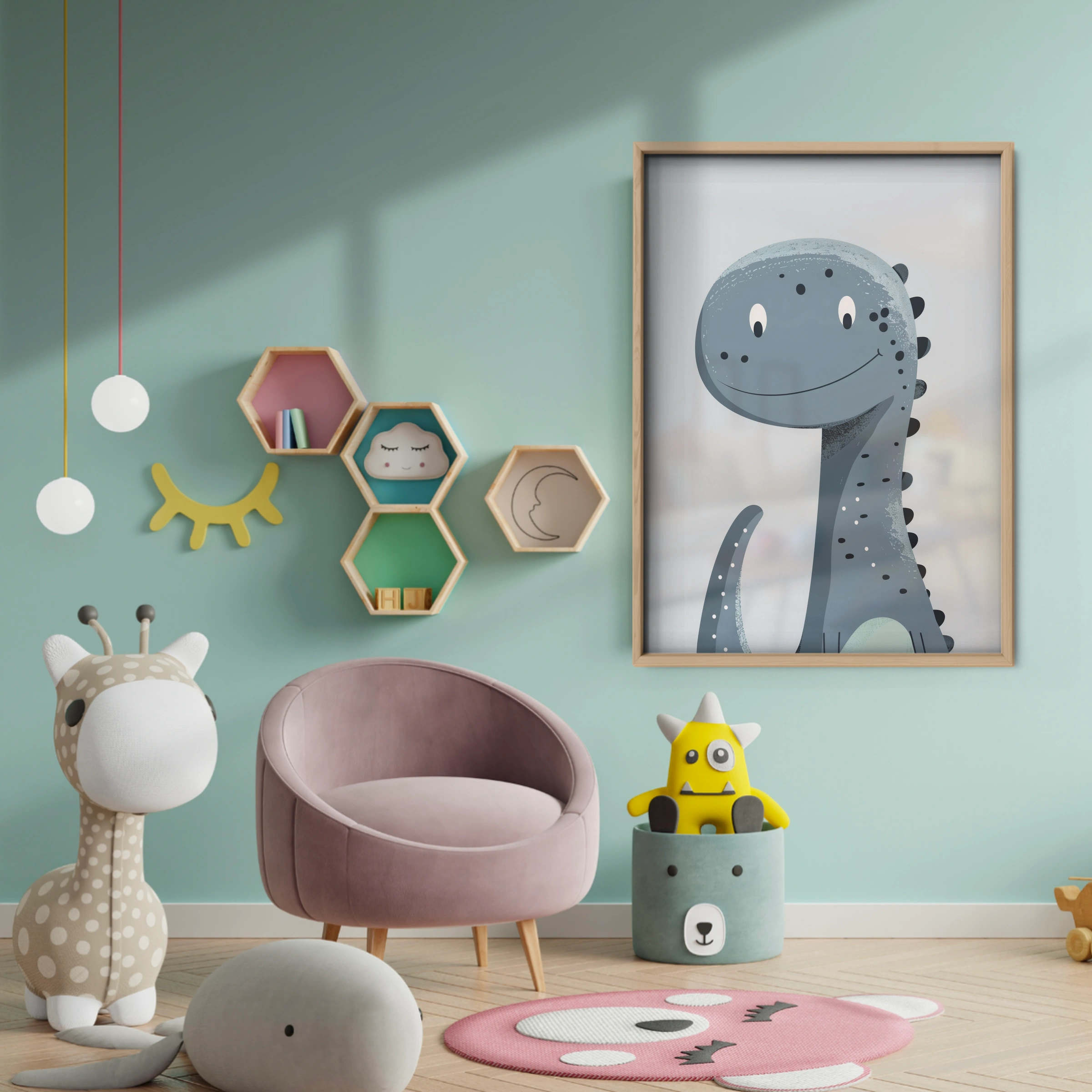 Grey Dinosaur Nursery Print - baby room wall decor print
