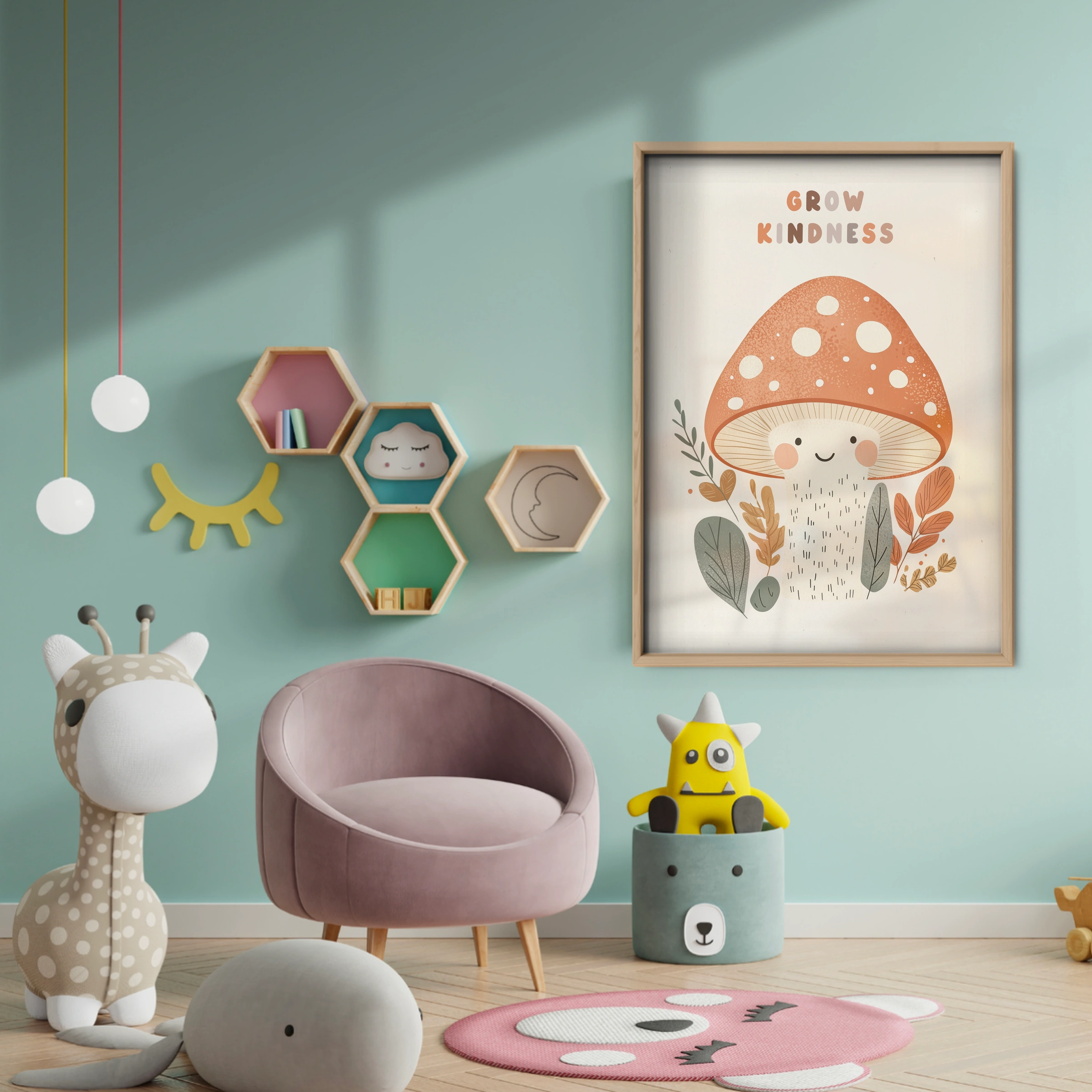 Grow Kindness Mushroom Nursery Print - baby room wall decor print