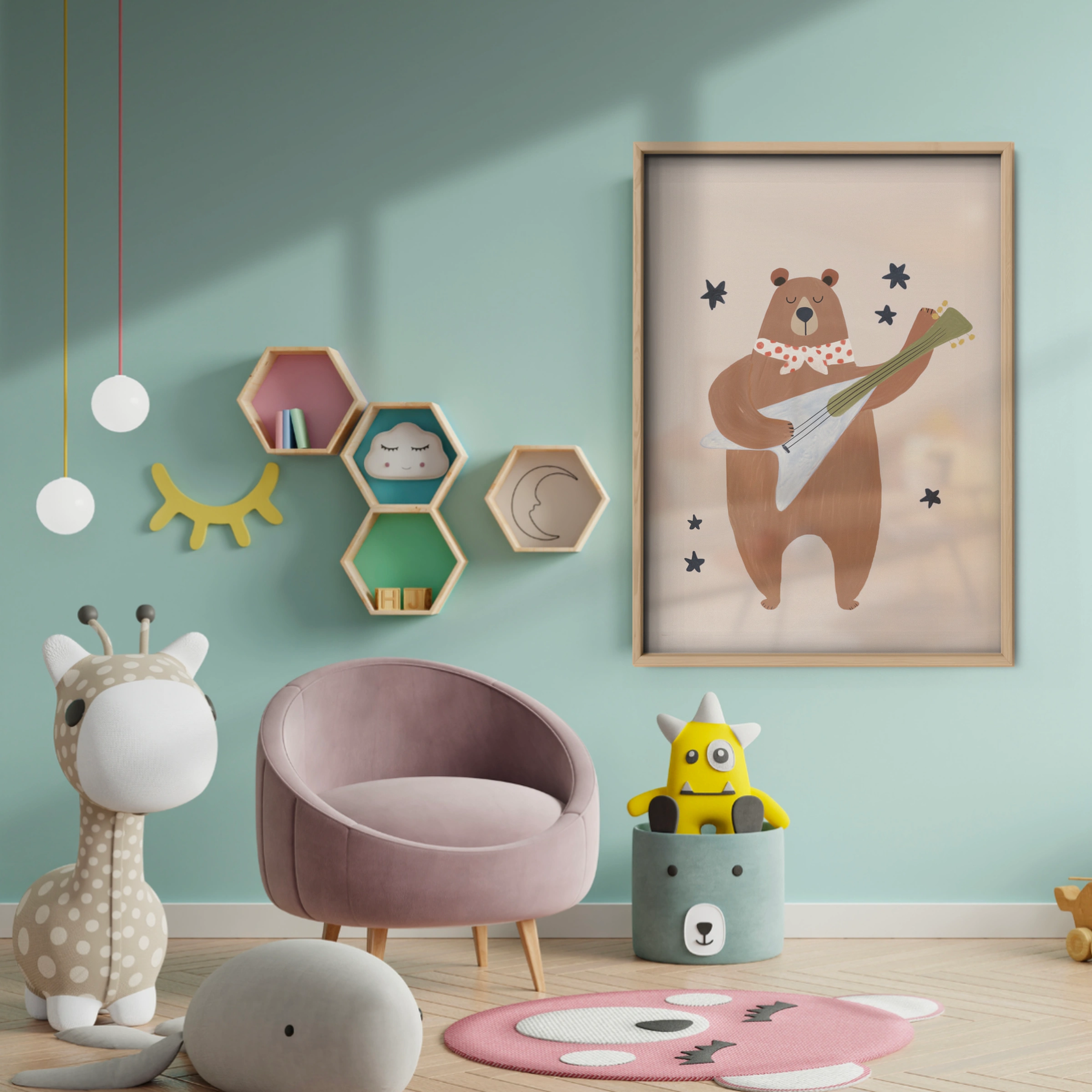 Guitar Bear Nursery Print - baby room wall decor print