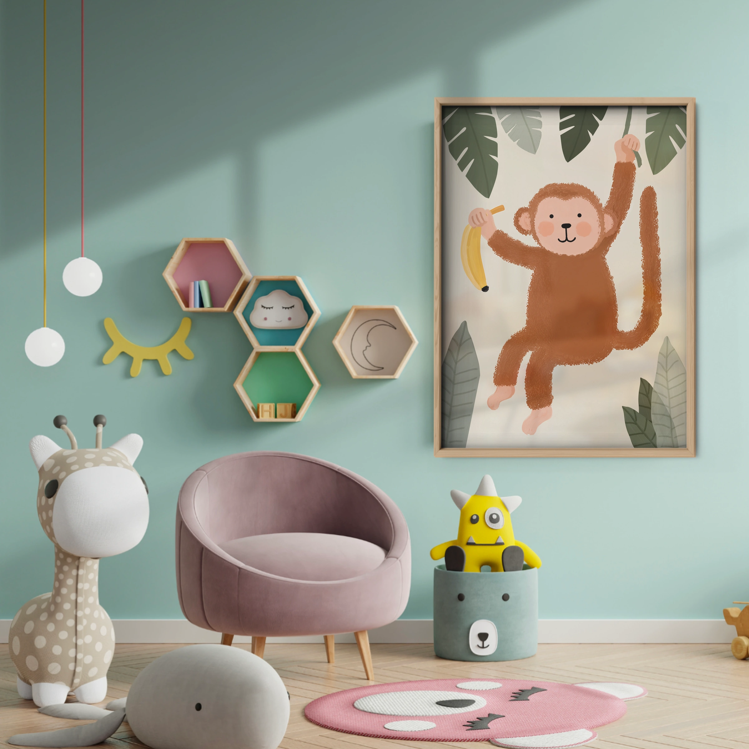 Hanging Monkey Nursery Print - baby room wall decor print