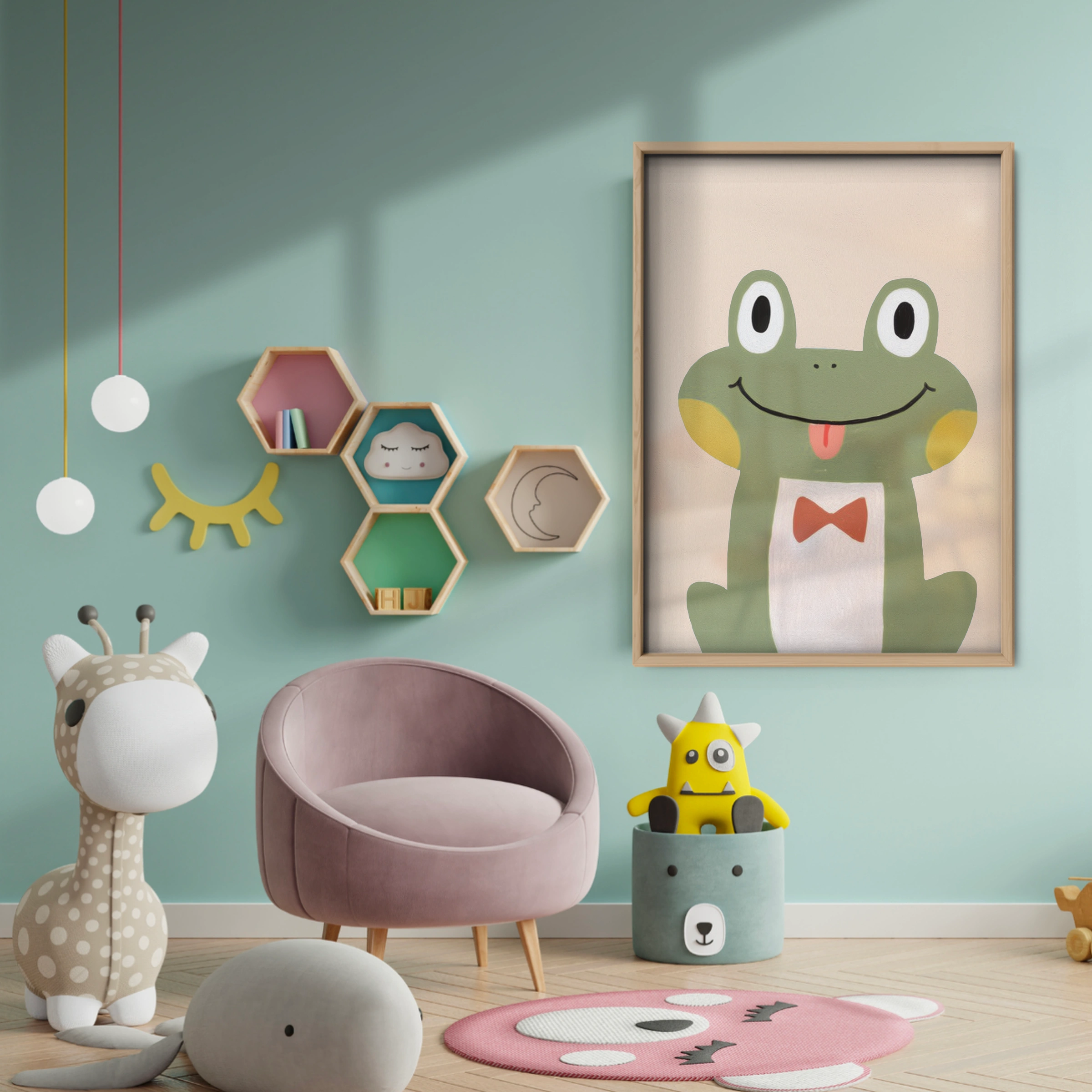 Happy Green Frog Nursery Print - baby room wall decor print