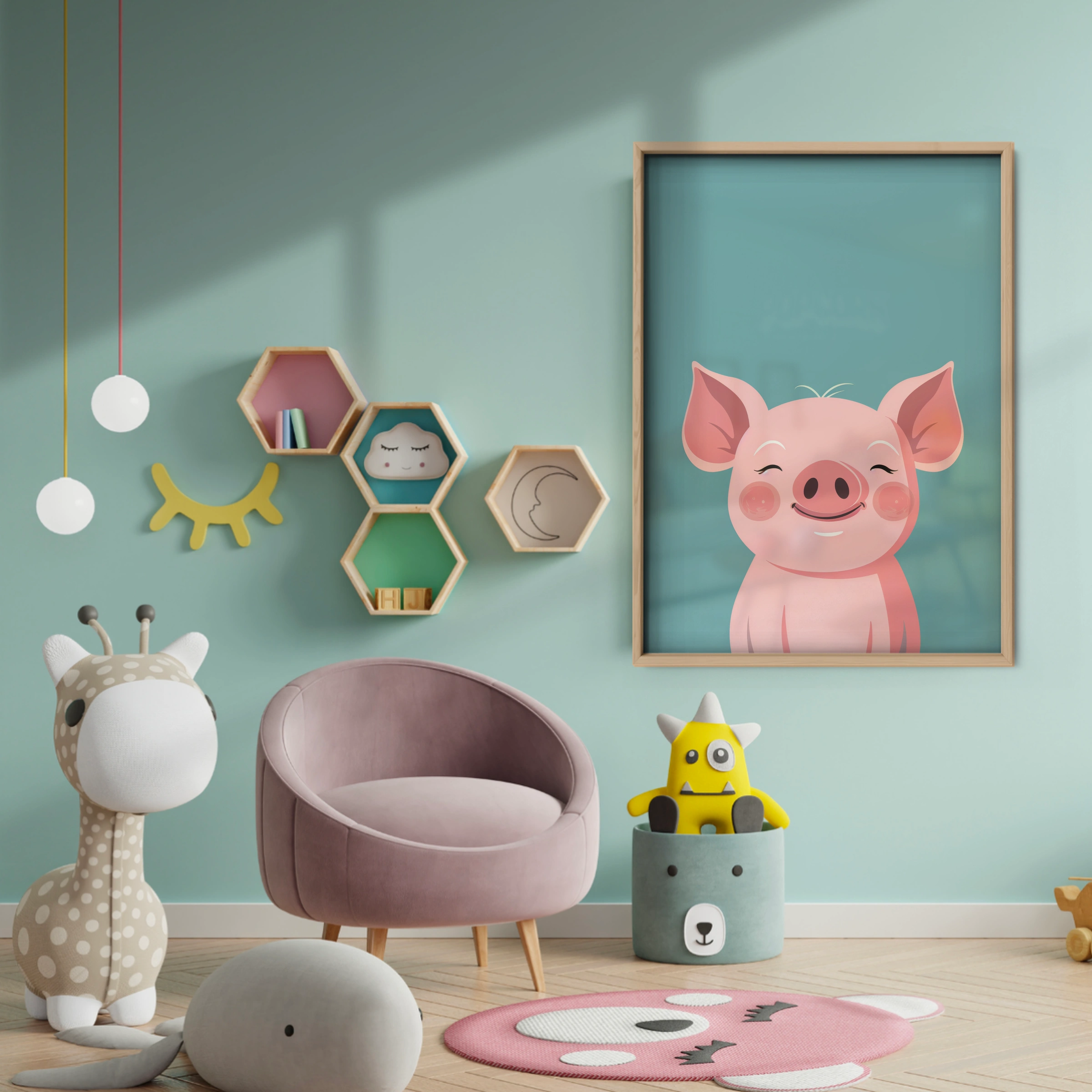 Happy Pig Nursery Print - baby room wall decor print