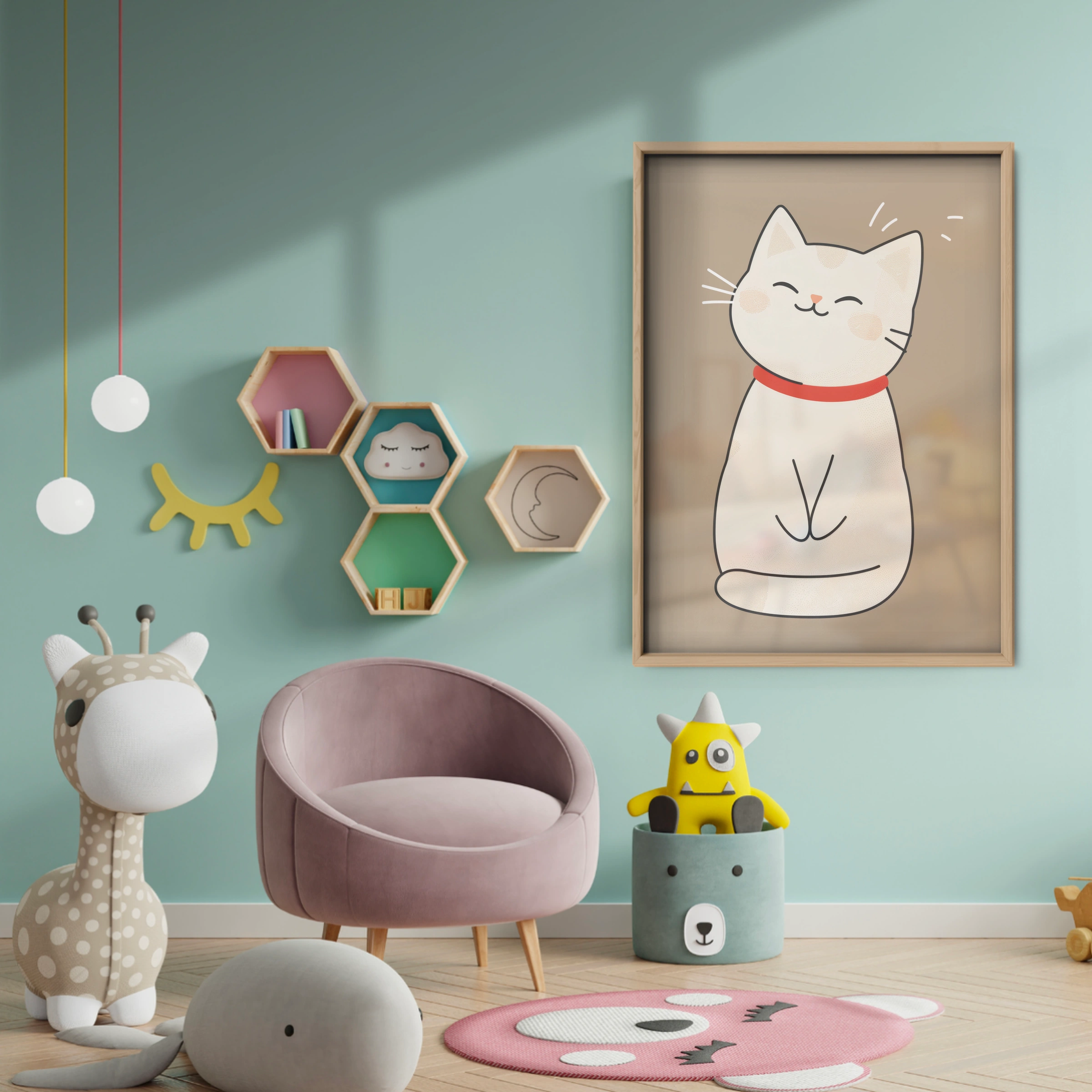 Happy White Cat Nursery Print - baby room wall decor print