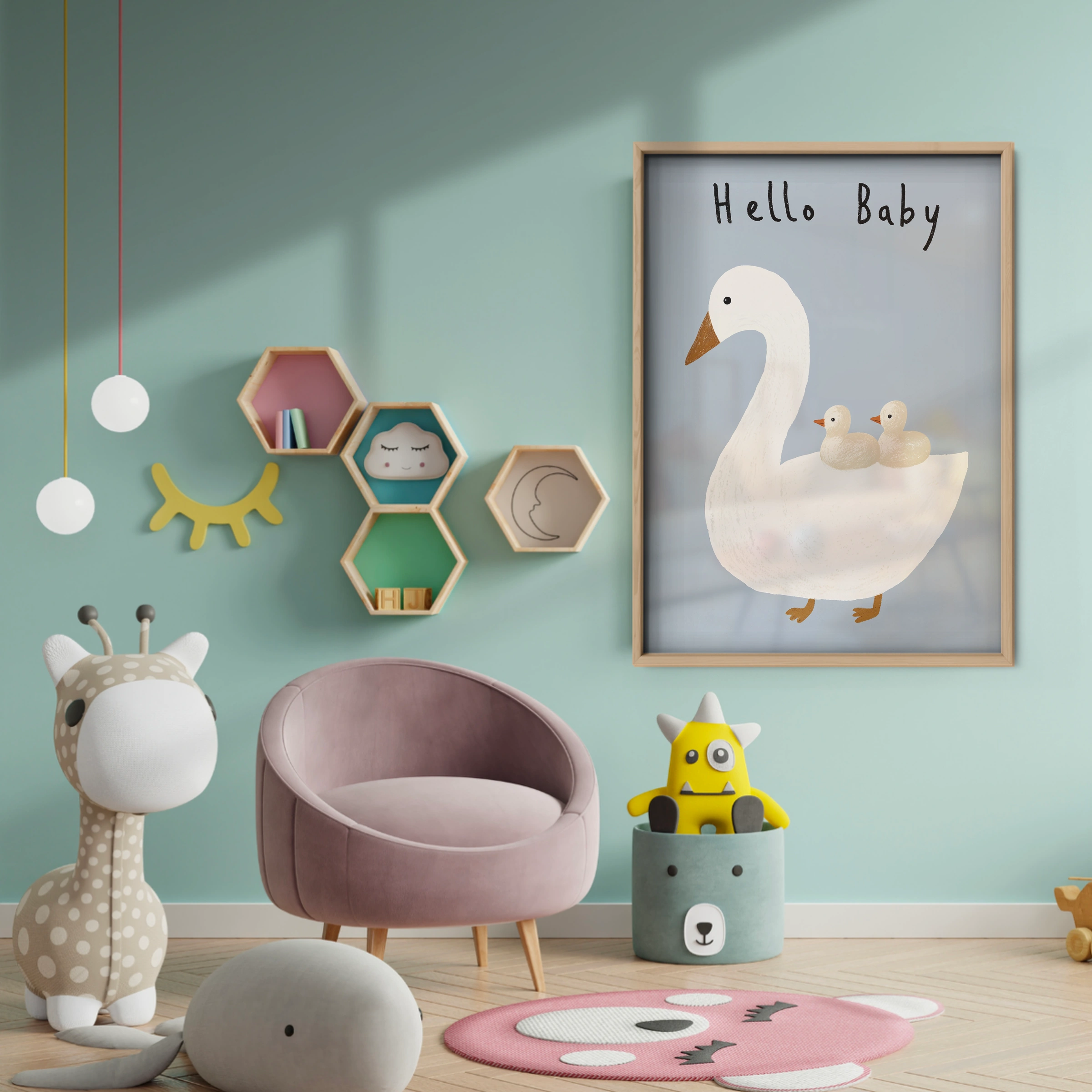 Hello Baby Swan Nursery Print - baby room wall decor print
