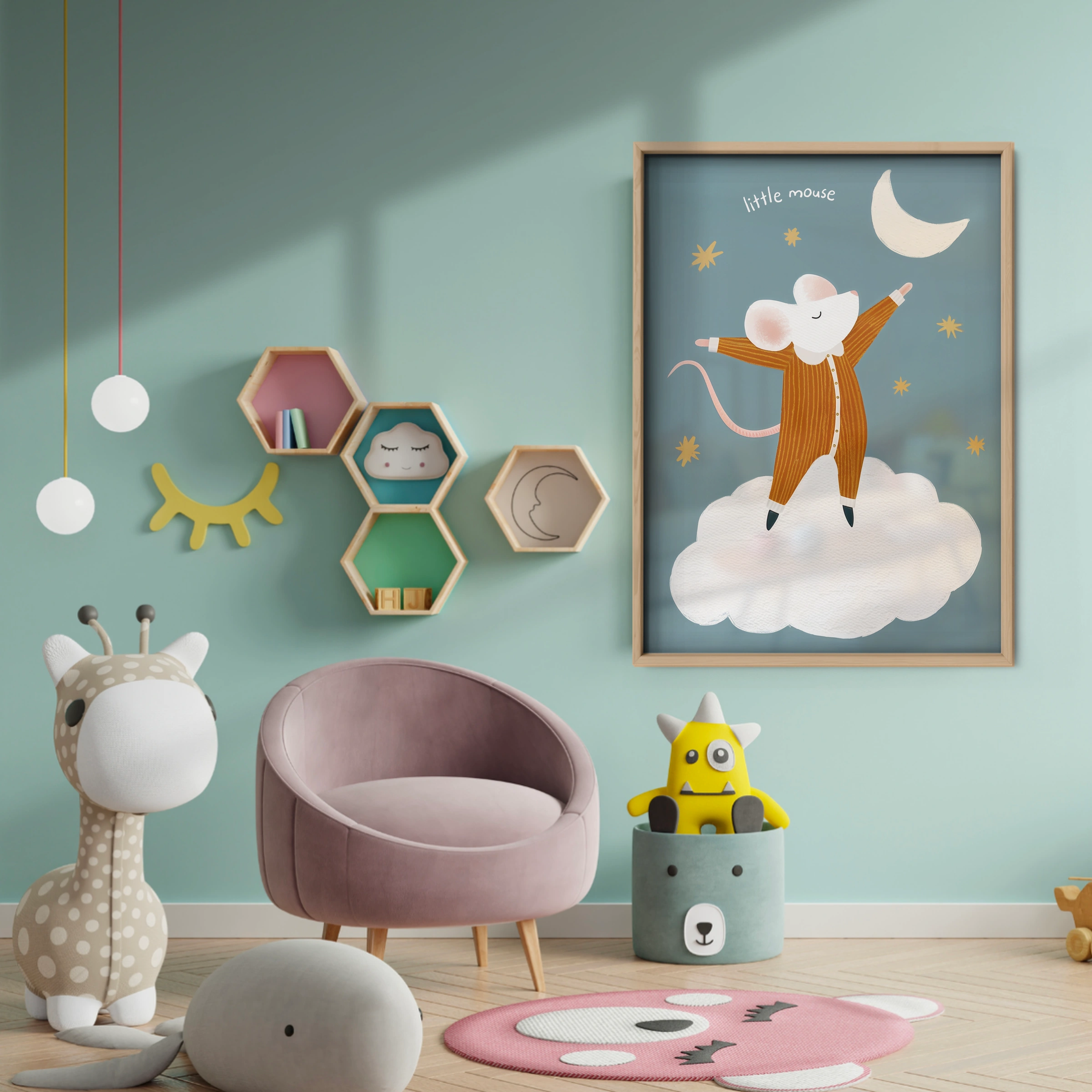 Hello Moon Mouse Nursery Print - baby room wall decor print