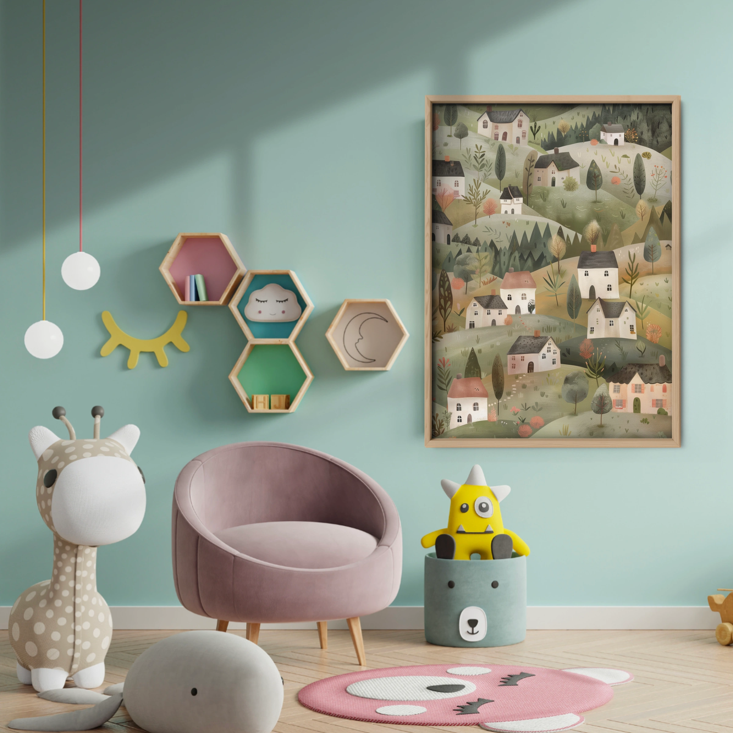 Hillside Houses Nursery Print - baby room wall decor print