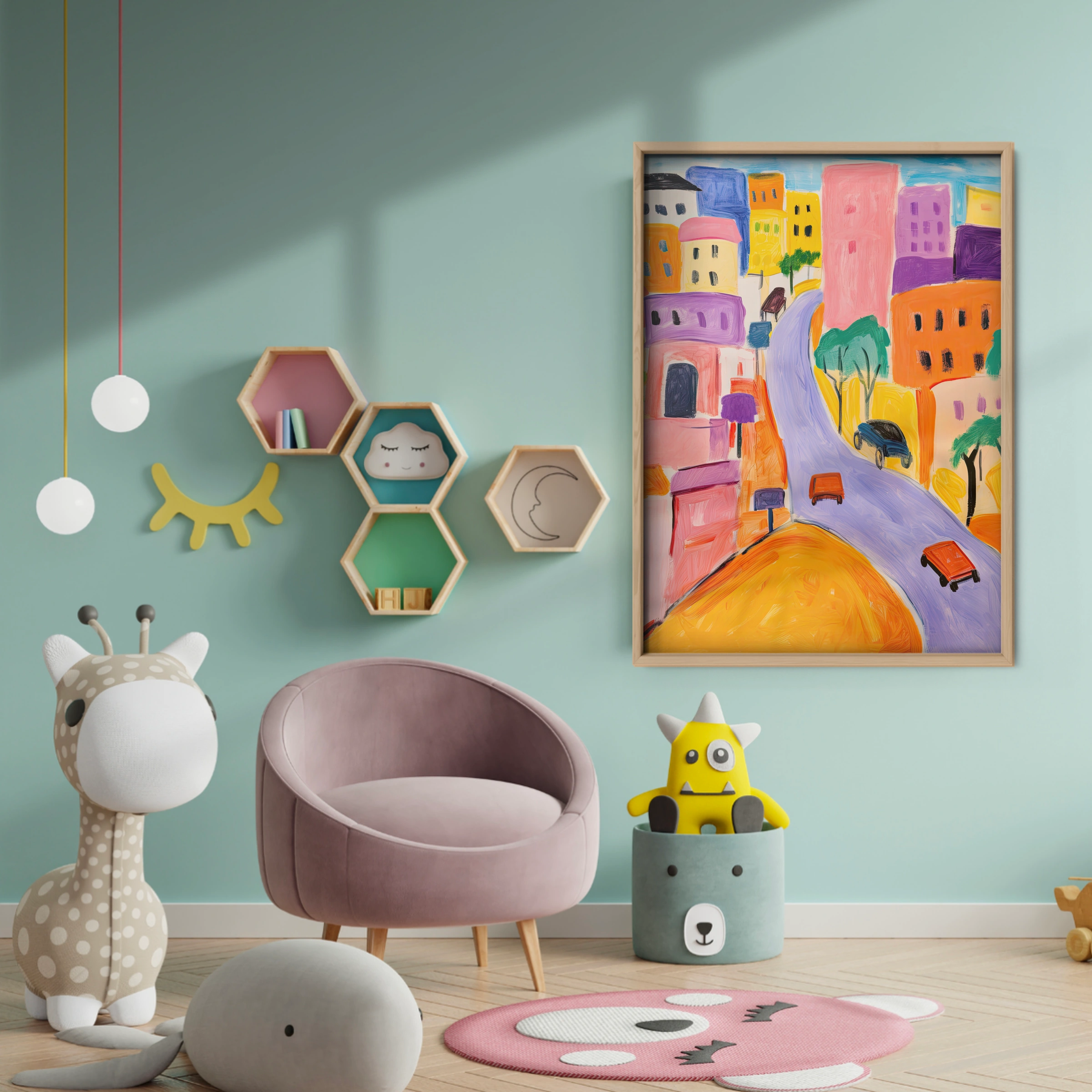 Hillside Town Nursery Print - baby room wall decor print
