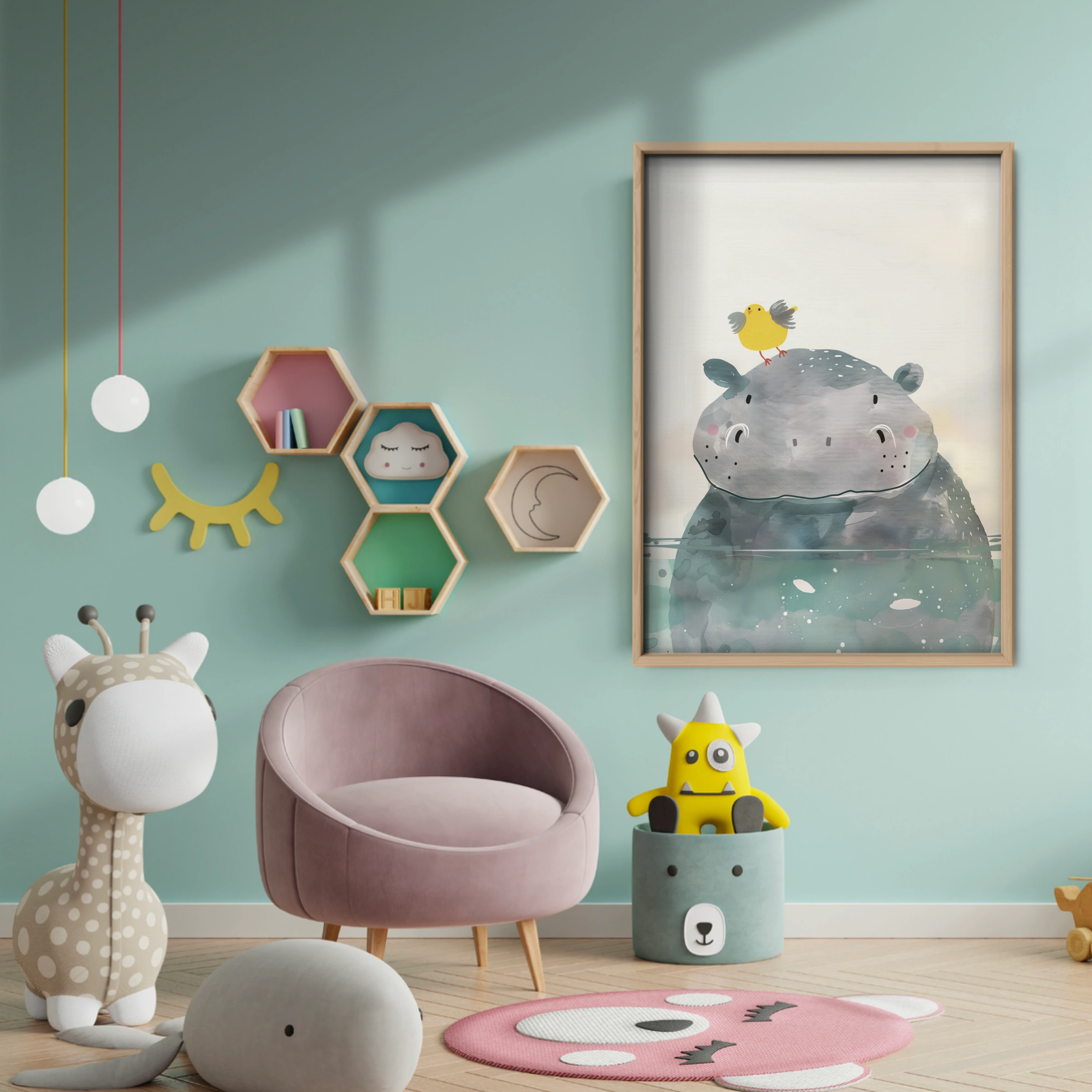 Hippo and a Bird Nursery Print - baby room wall decor print