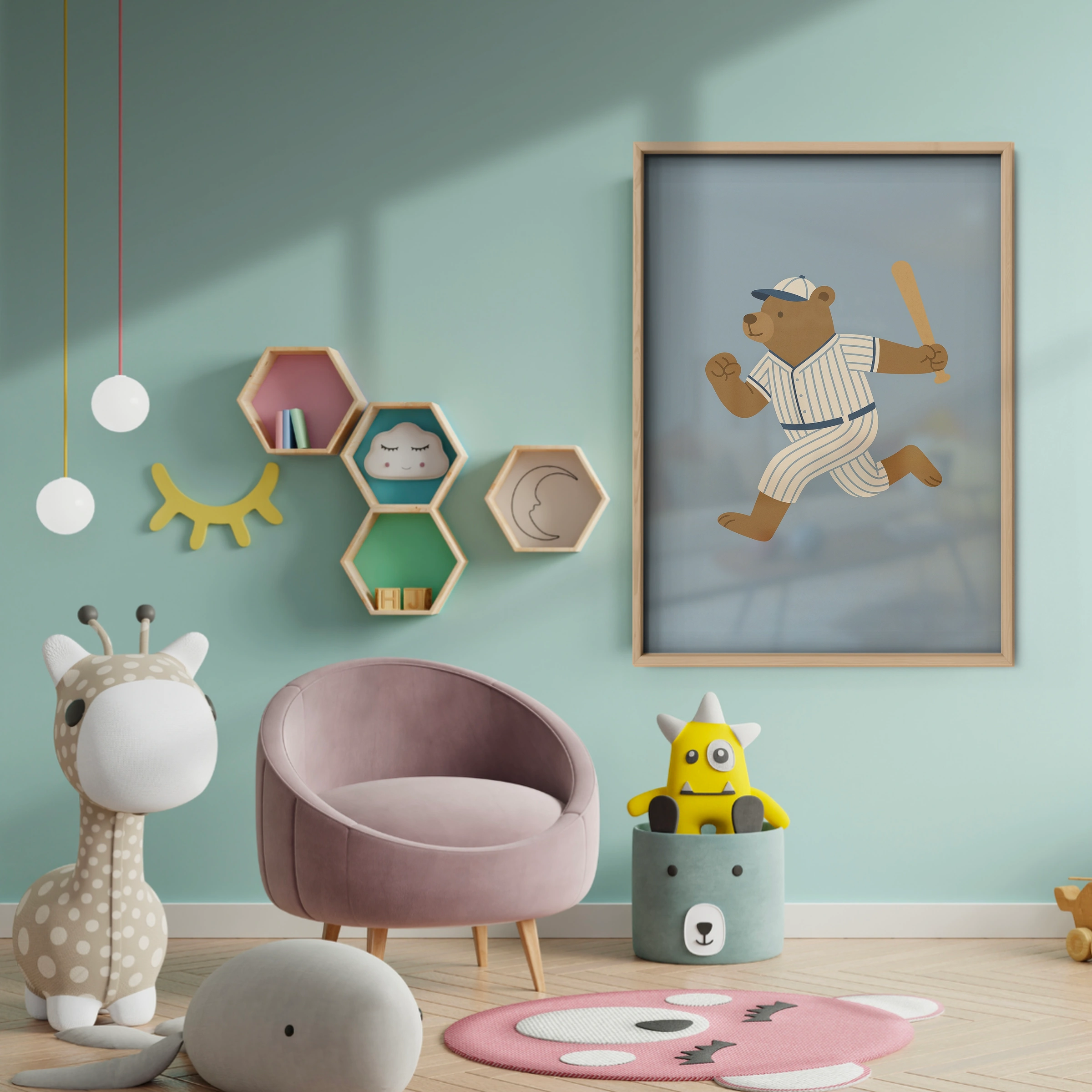 Home Run Bear Nursery Print - baby room wall decor print
