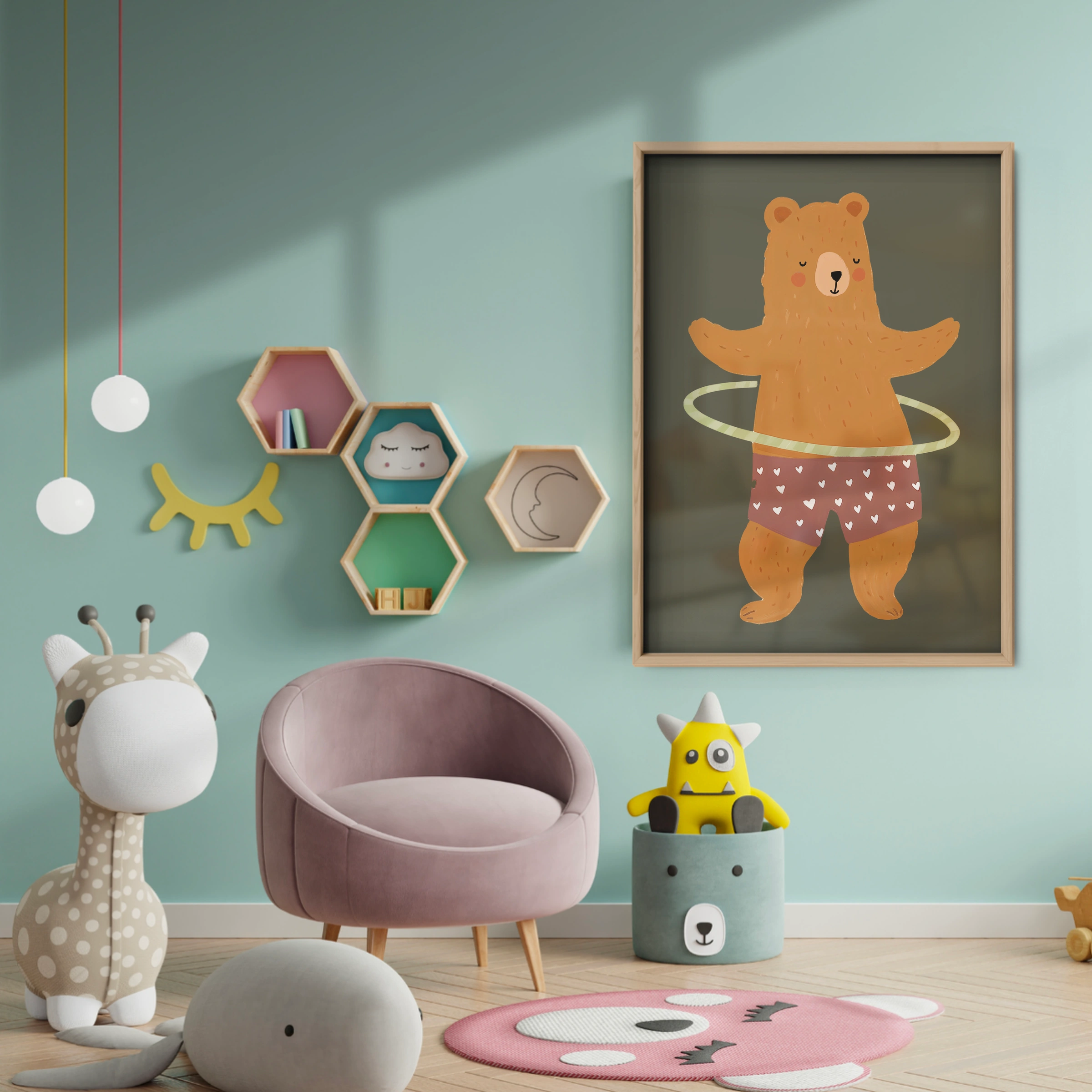 Hula Hoop Bear Nursery Print - baby room wall decor print