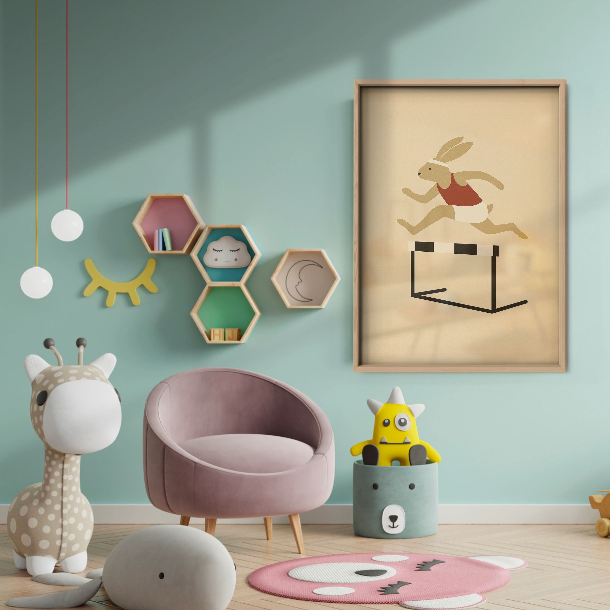Hurdling Rabbit Nursery Print - baby room wall decor print
