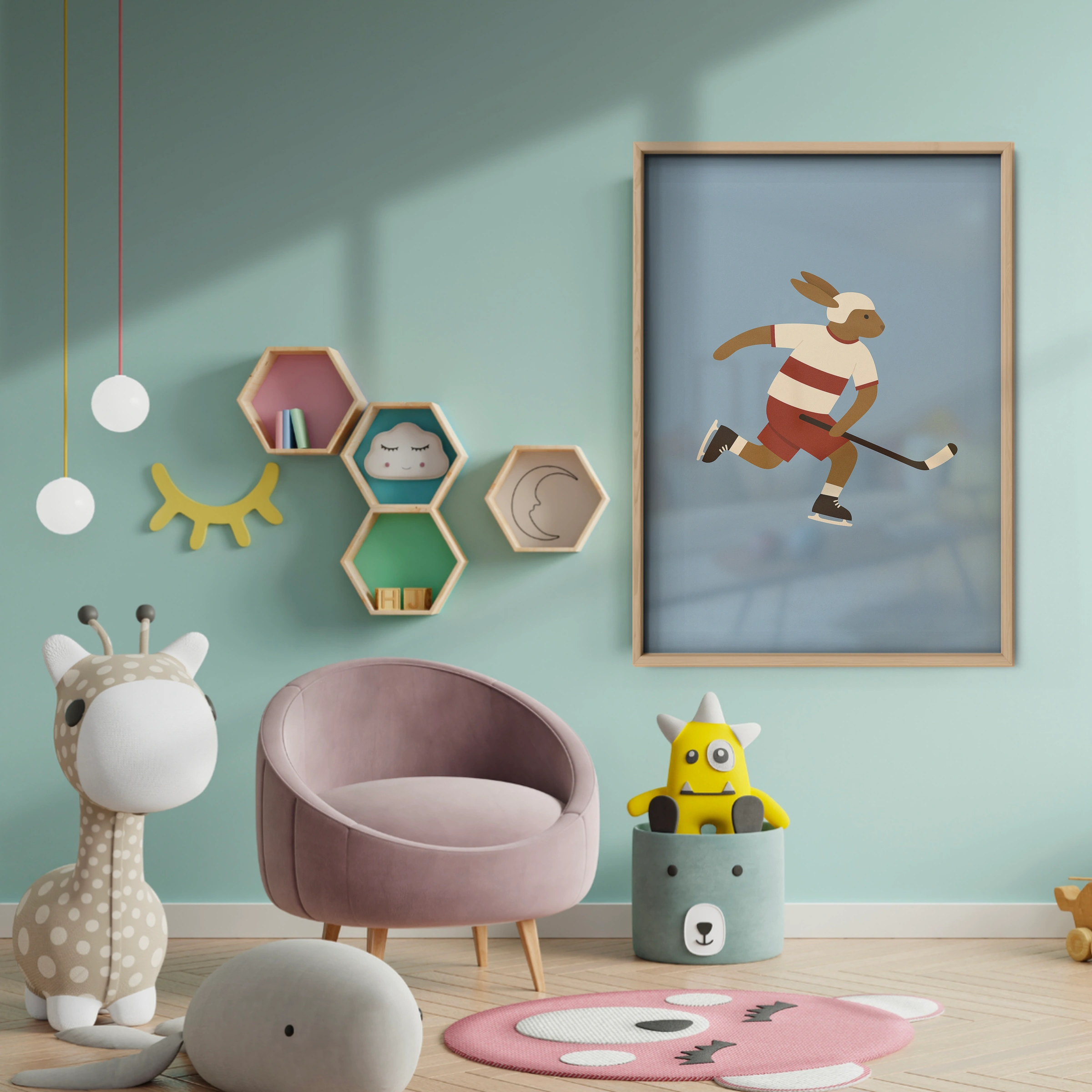 Ice Hockey Rabbit Nursery Print - baby room wall decor print