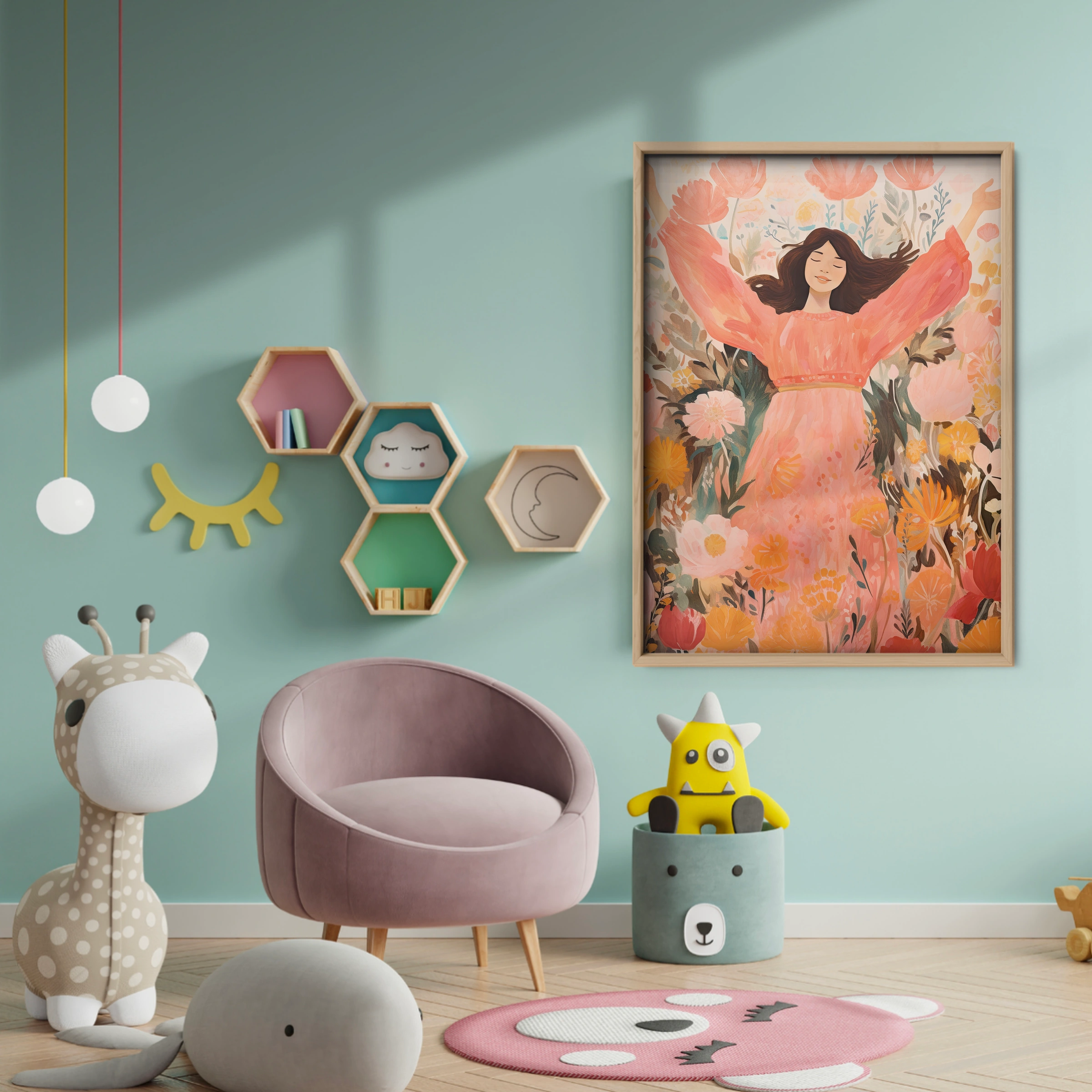Joyful Flowers Figure Nursery Print - baby room wall decor print