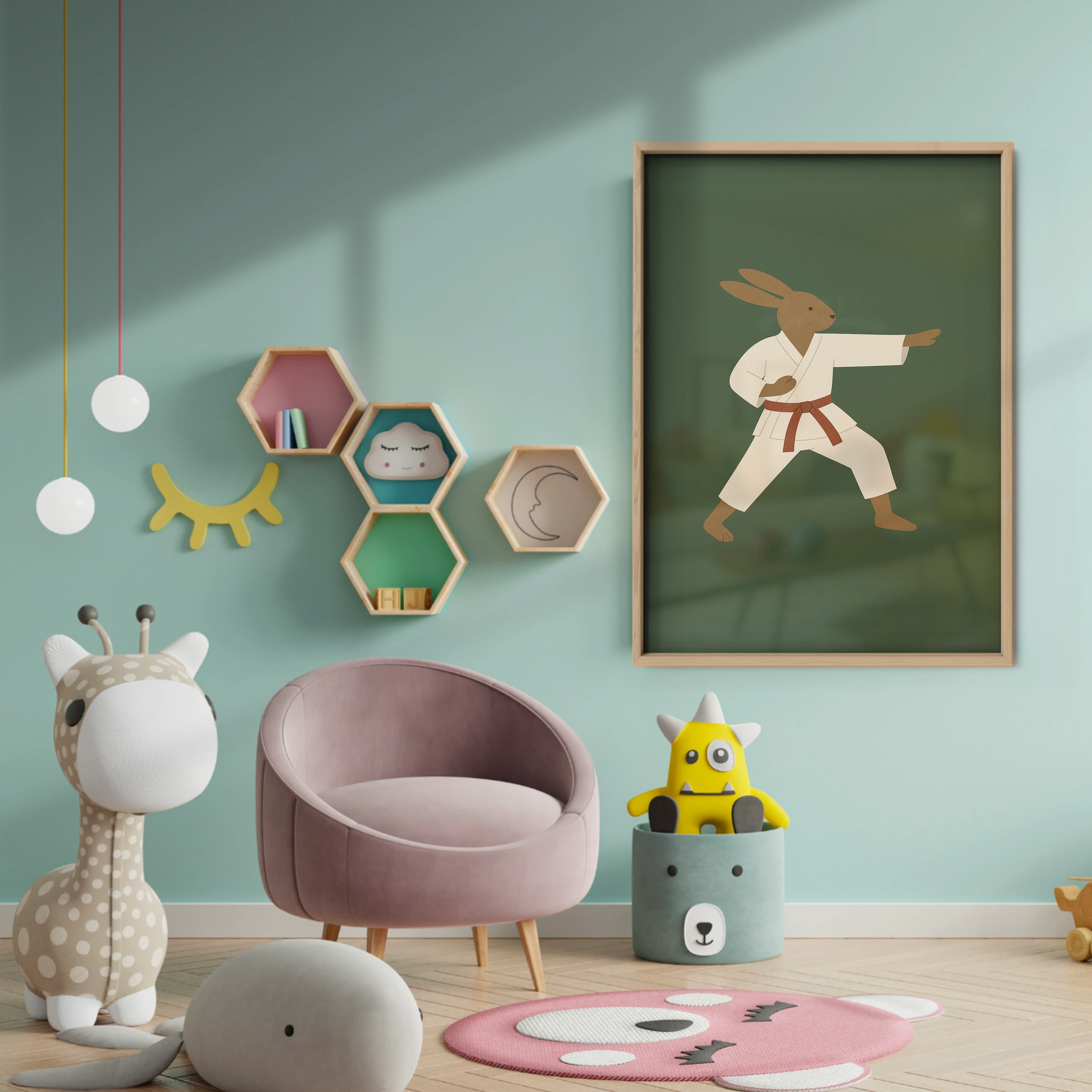 Karate Rabbit Nursery Print - baby room wall decor print