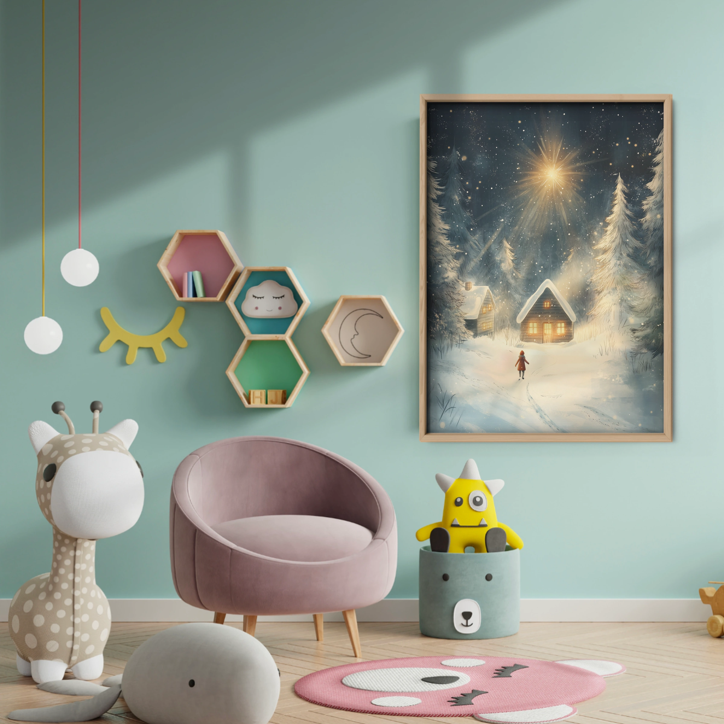 Lantern Cabin Christmas Print - baby room wall decor print