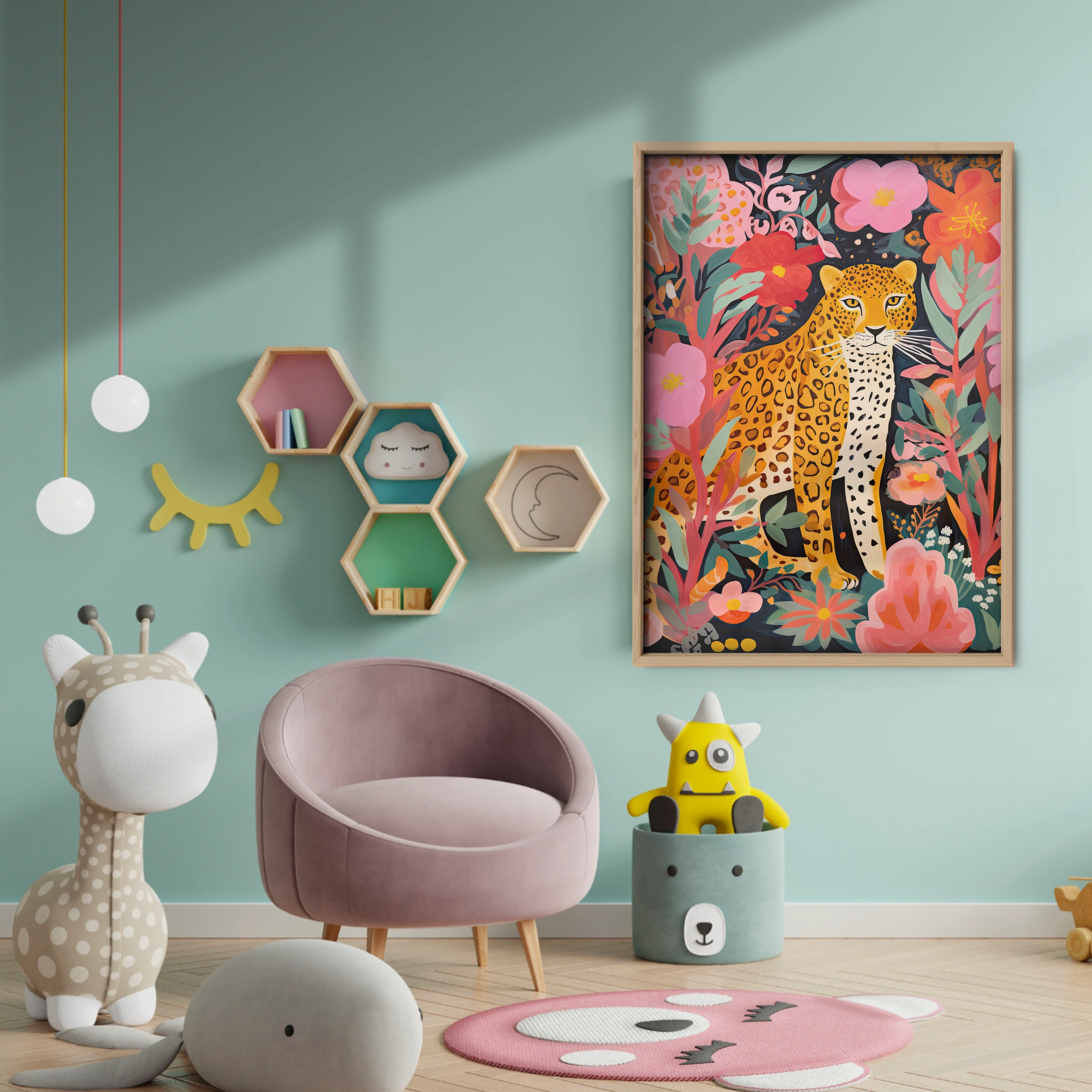Leopard in Flowers Nursery Print - baby room wall decor print