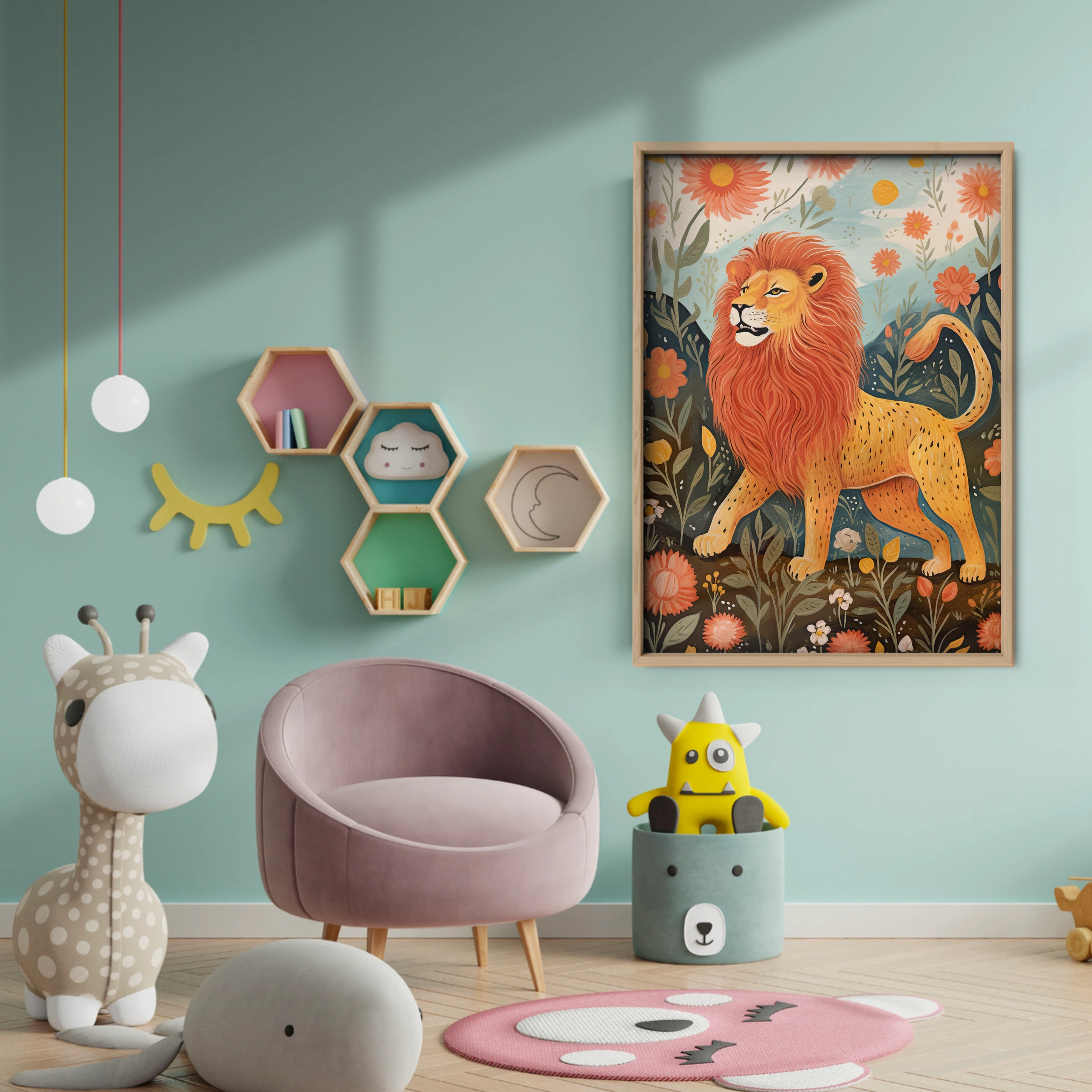 Lion Among Flowers Nursery Print - baby room wall decor print