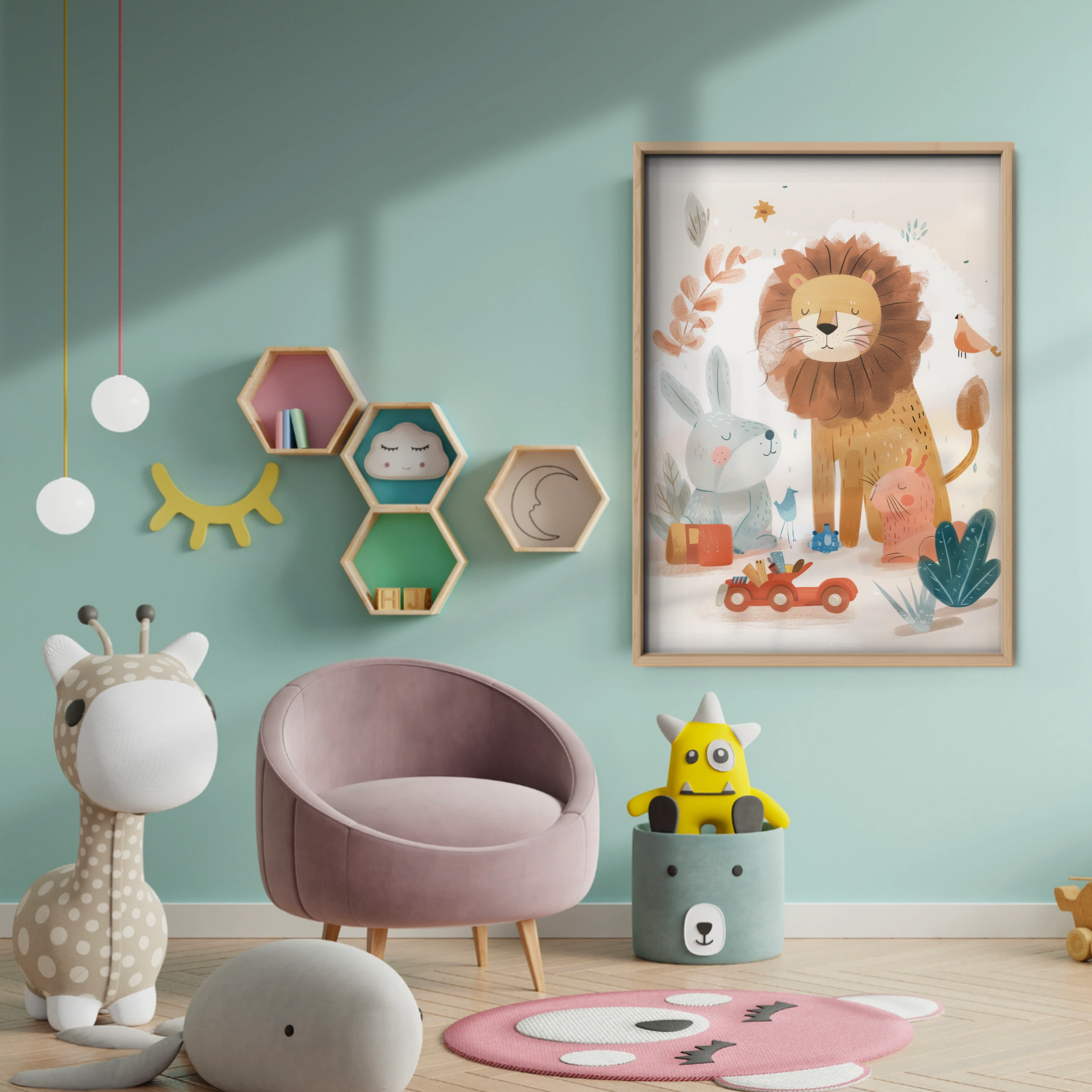 Lion and Bunny Toys Nursery Print - baby room wall decor print