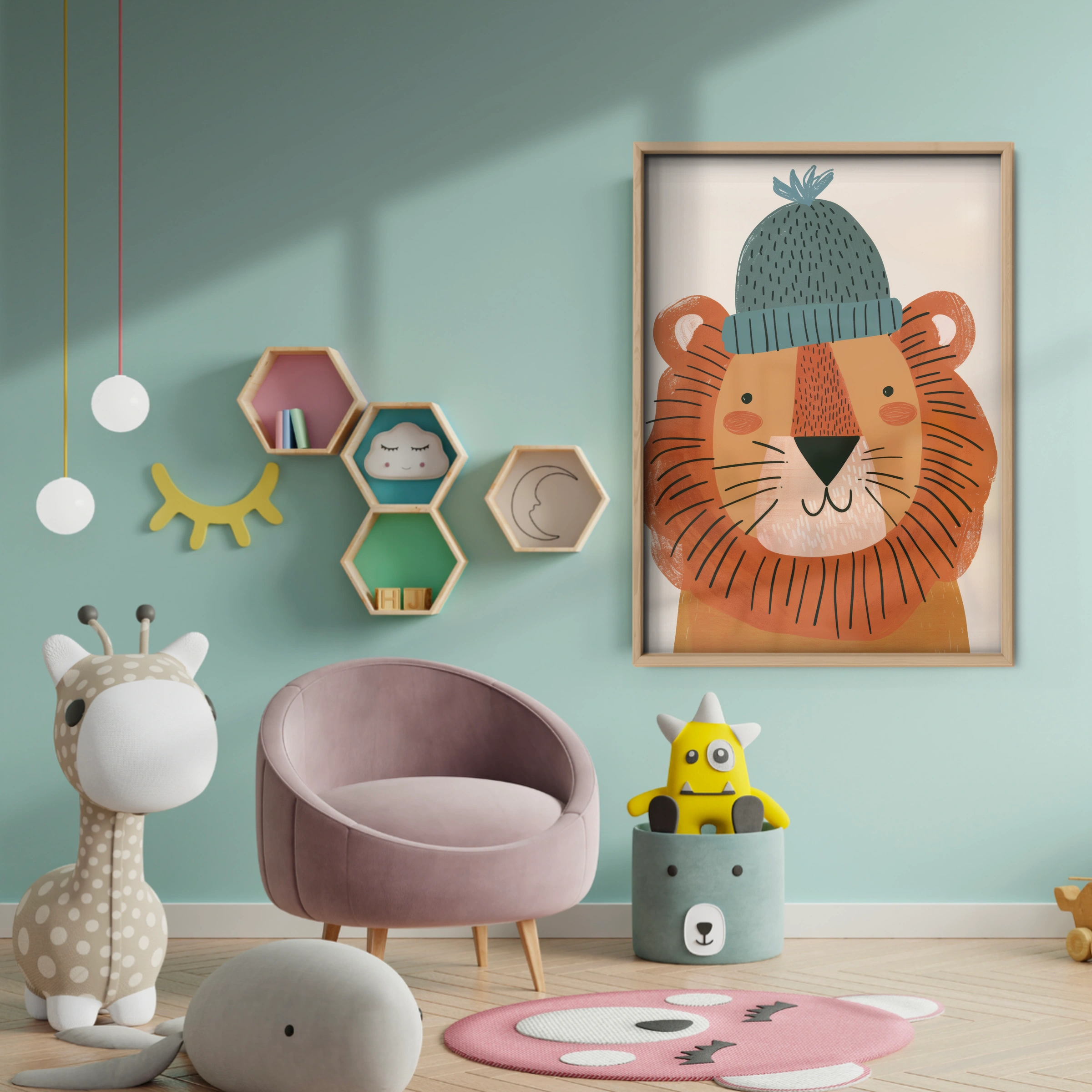 Lion in a Beanie Nursery Print - baby room wall decor print
