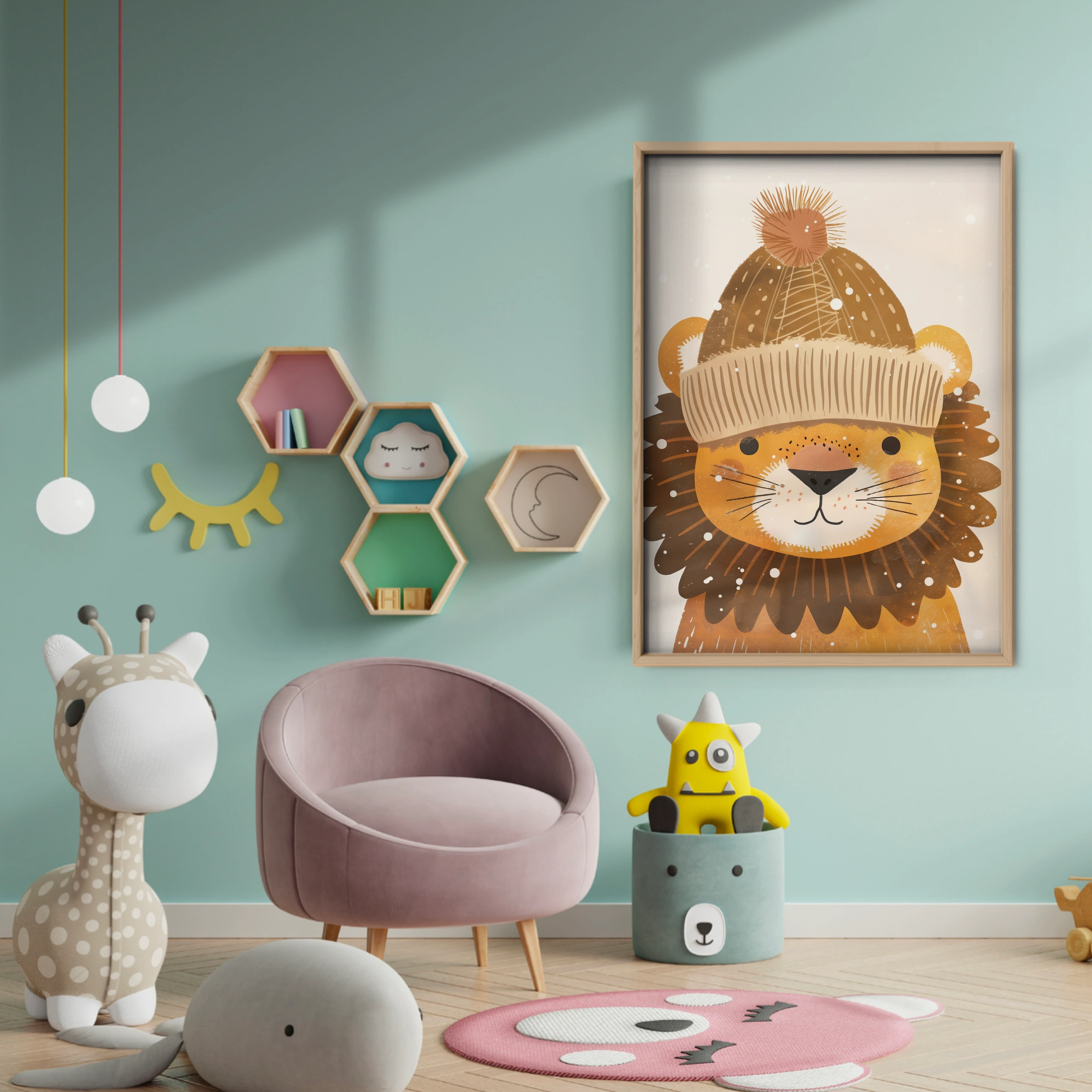 Lion in a Bobble Hat Nursery Print - baby room wall decor print