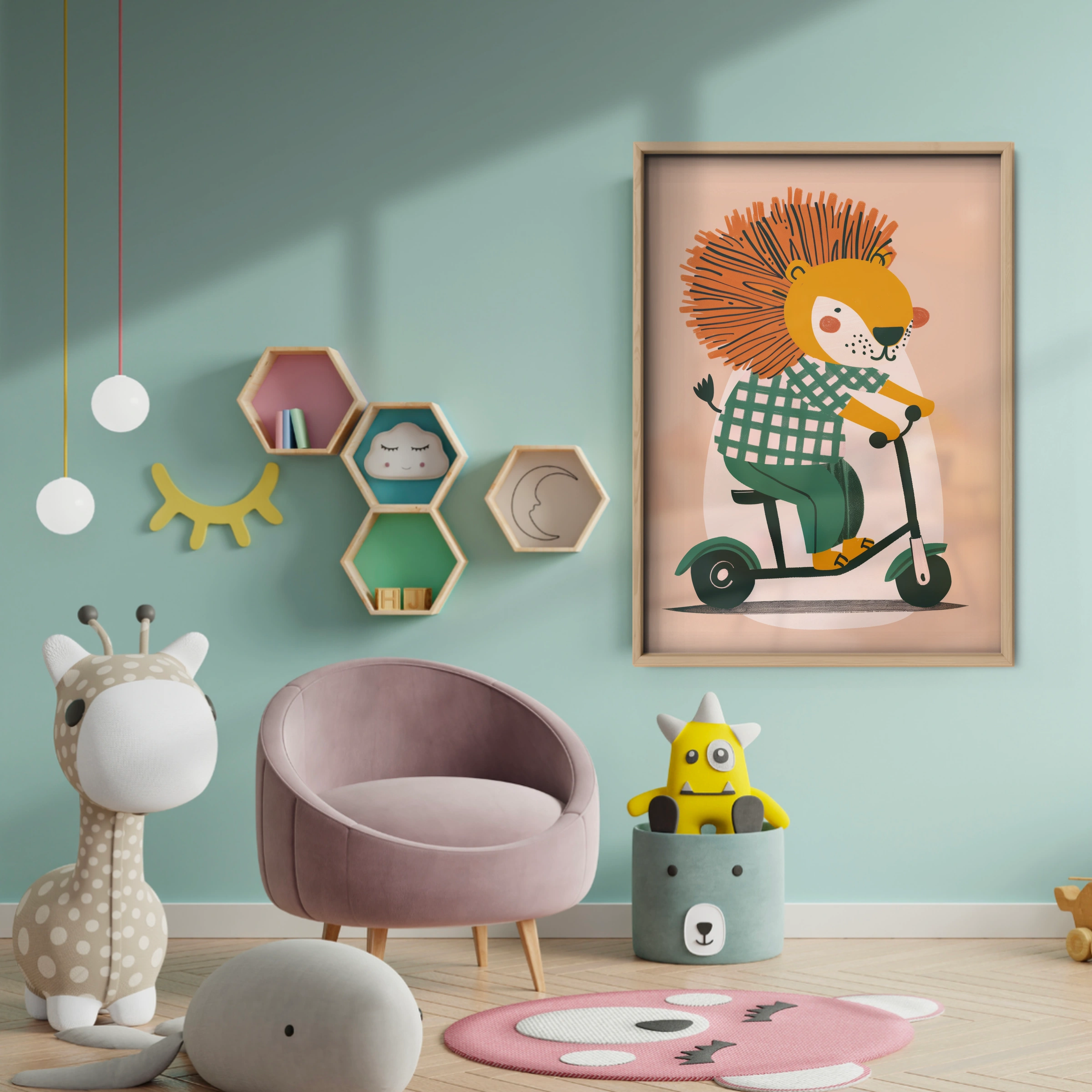 Lion on a Scooter Nursery Print - baby room wall decor print