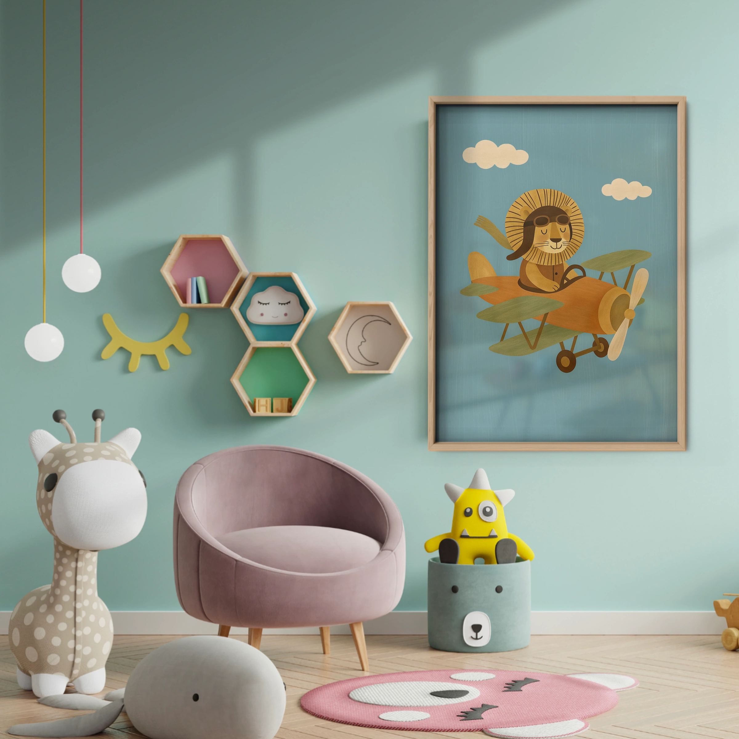 Lion Pilot in a Plane Nursery Print - baby room wall decor print