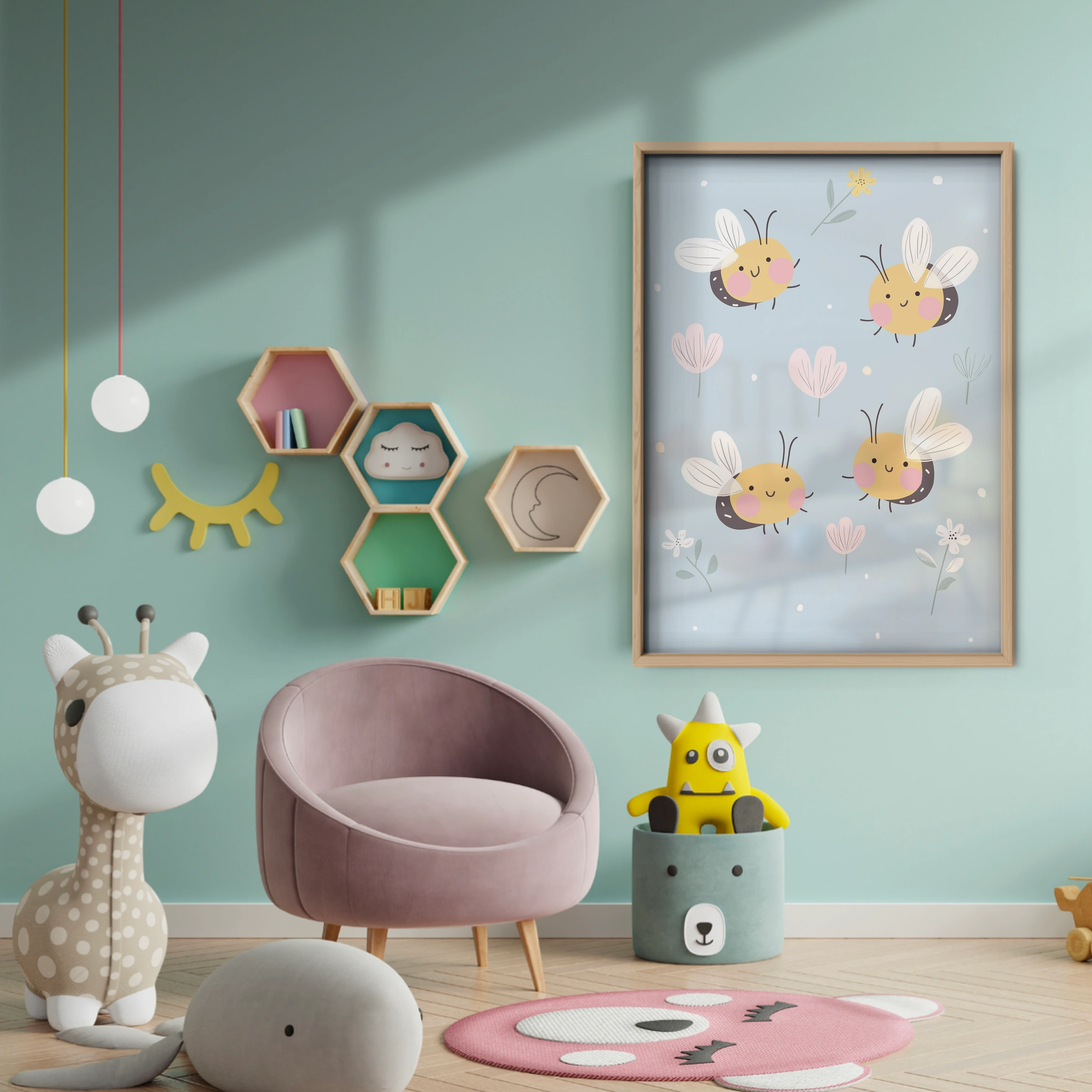 Little Bees Nursery Print - baby room wall decor print
