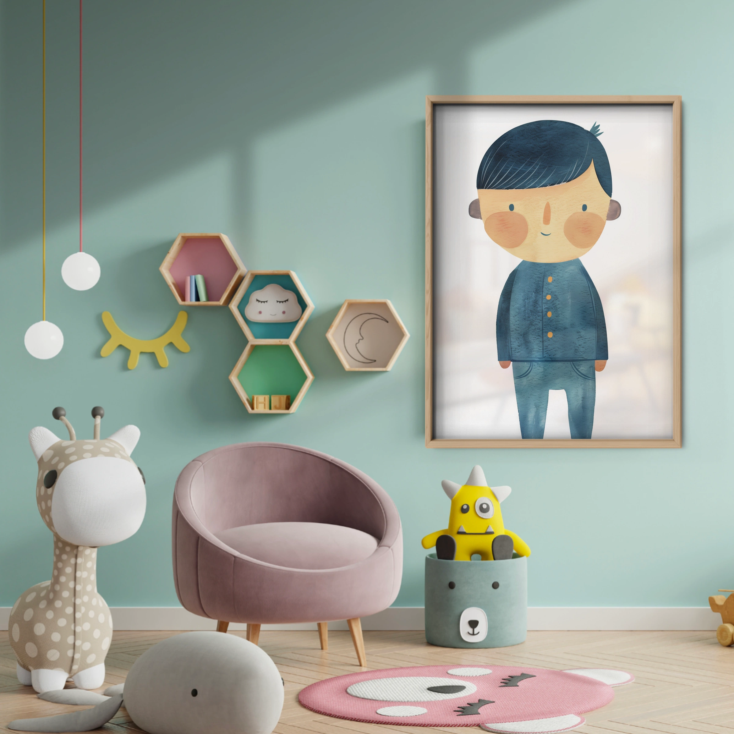Little Boy in Blue Nursery Print - baby room wall decor print