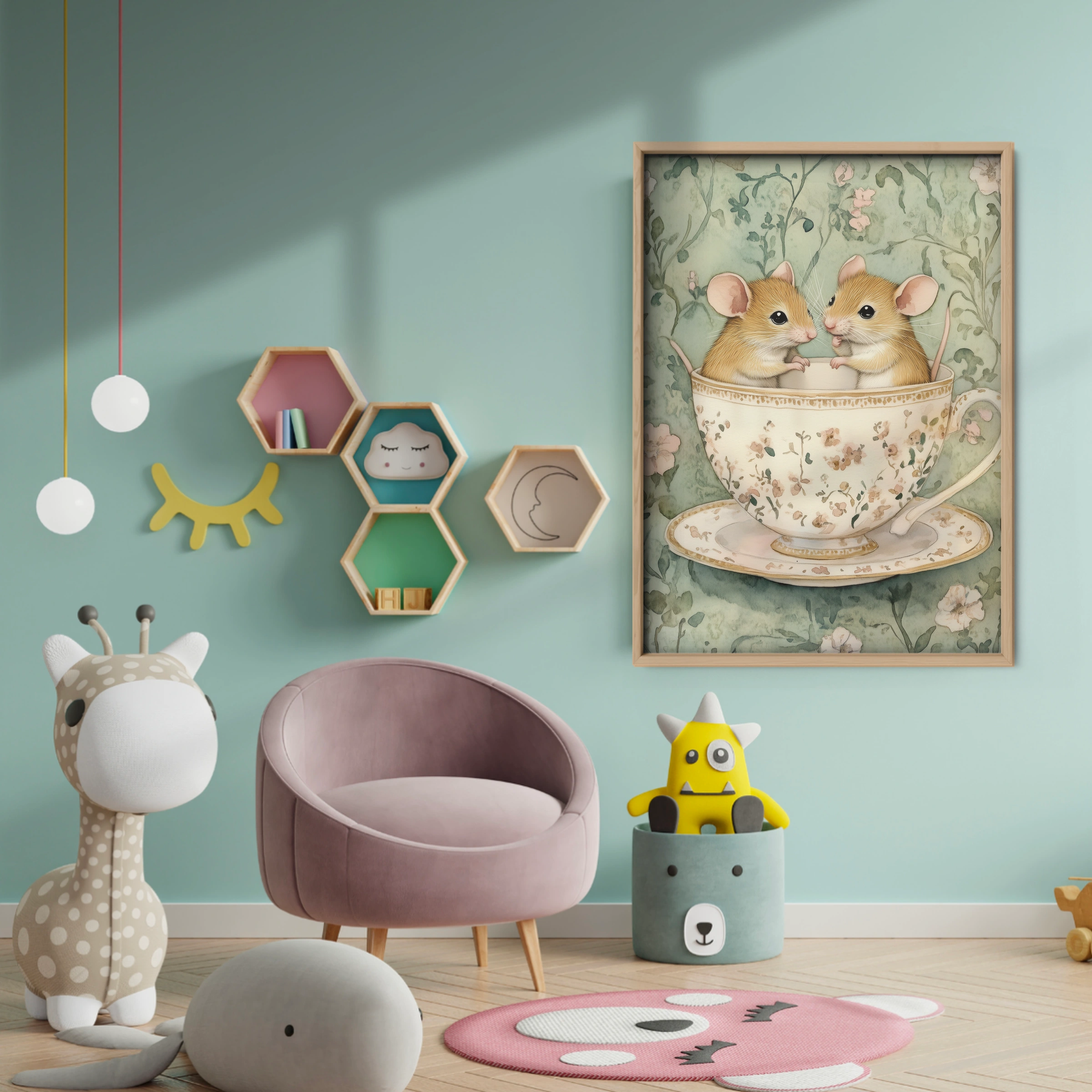 Mice in a Teacup Nursery Print - baby room wall decor print