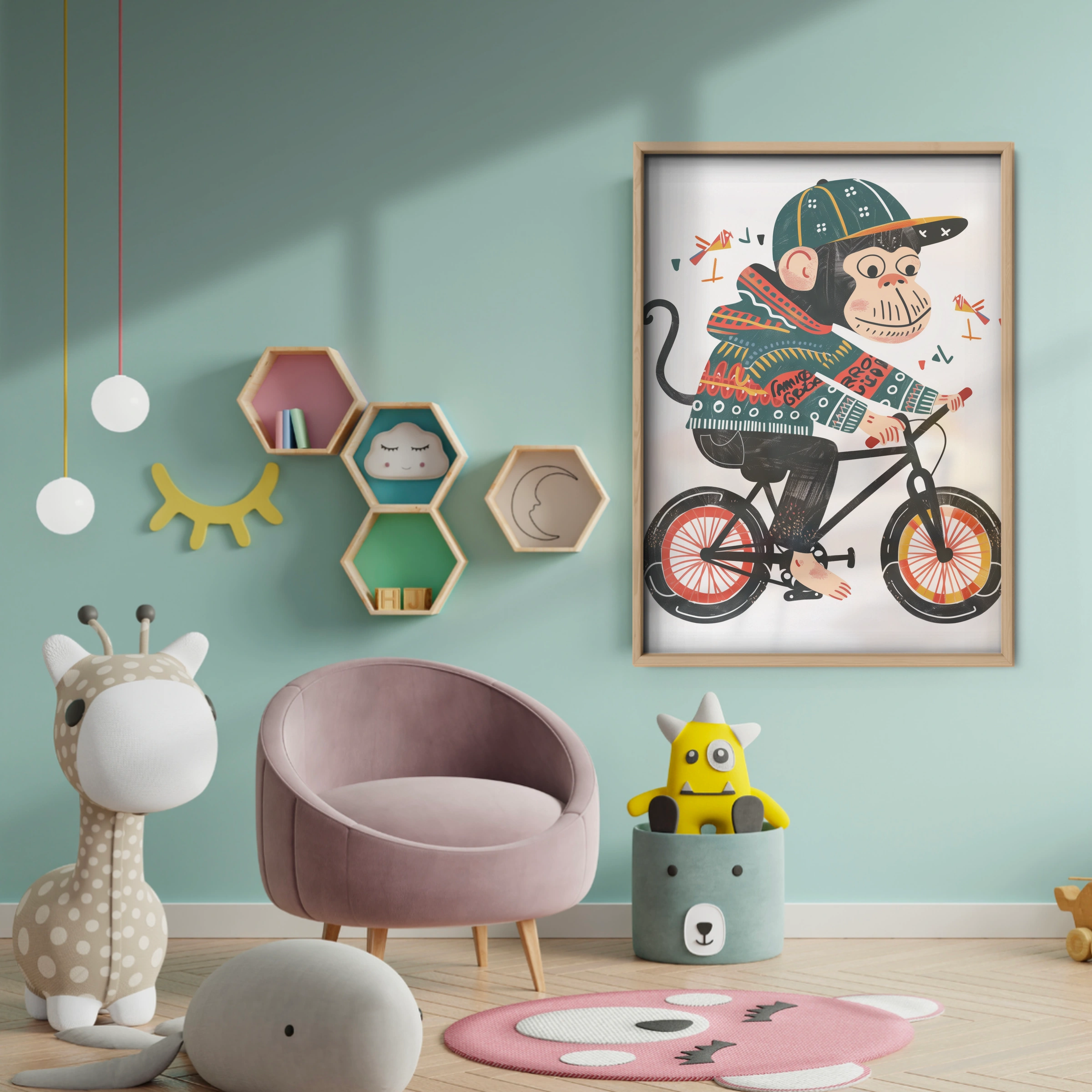 Monkey on a Bicycle Nursery Print - baby room wall decor print