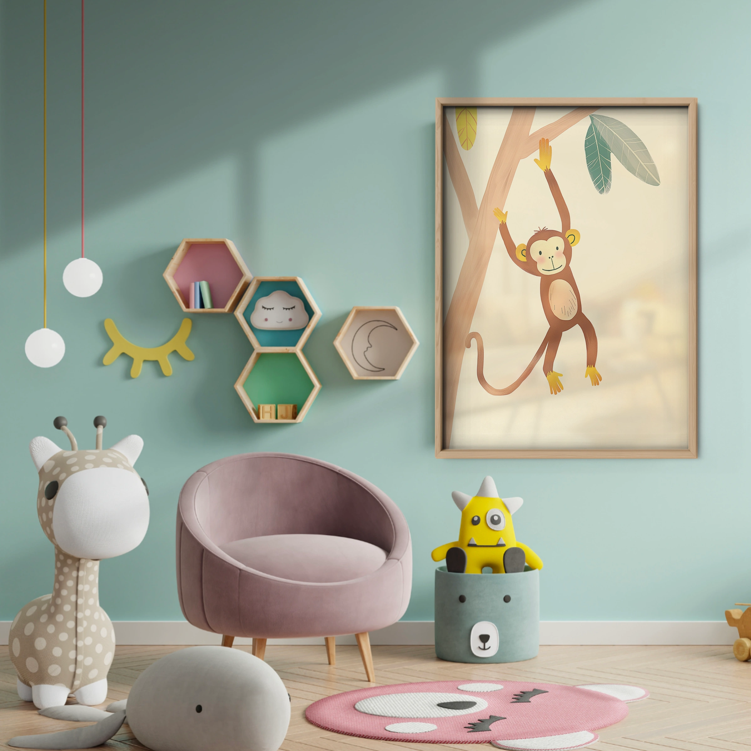 Monkey on a Branch Nursery Print - baby room wall decor print
