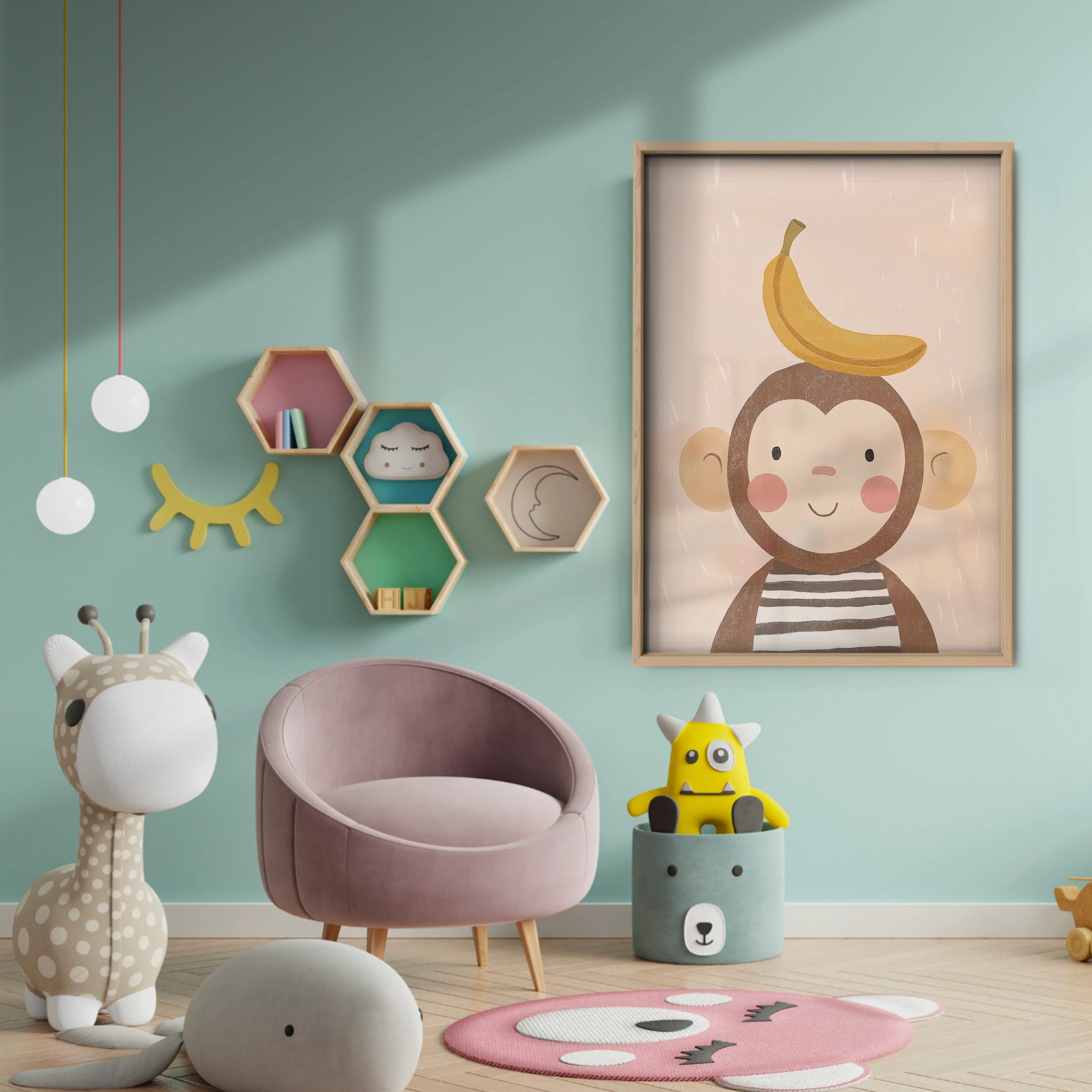 Monkey with Banana Nursery Print - baby room wall decor print