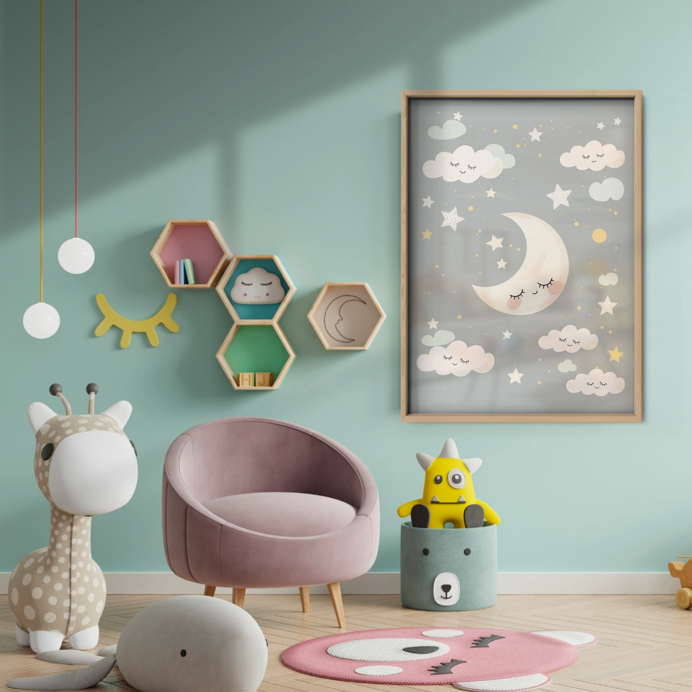 Moon and Clouds Nursery Print - baby room wall decor print