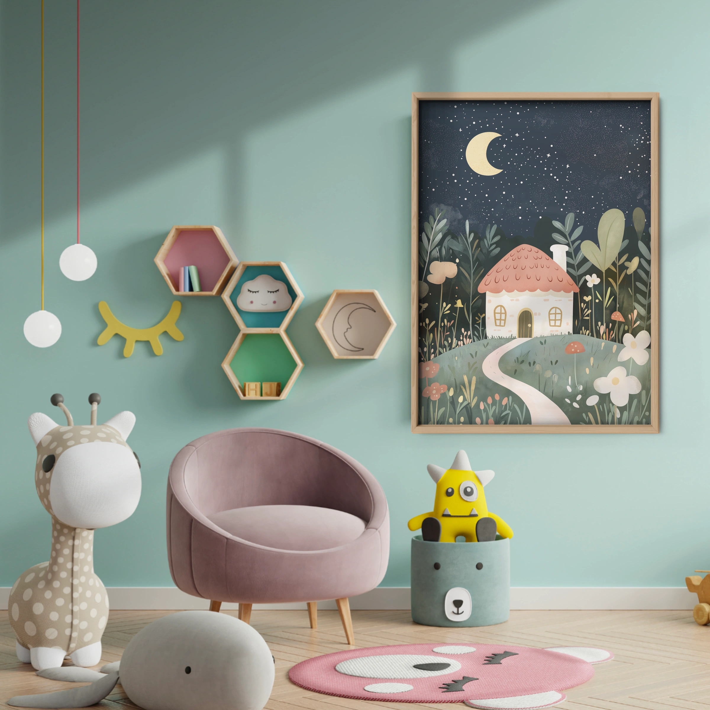 Moonlit Village Nursery Print - baby room wall decor print
