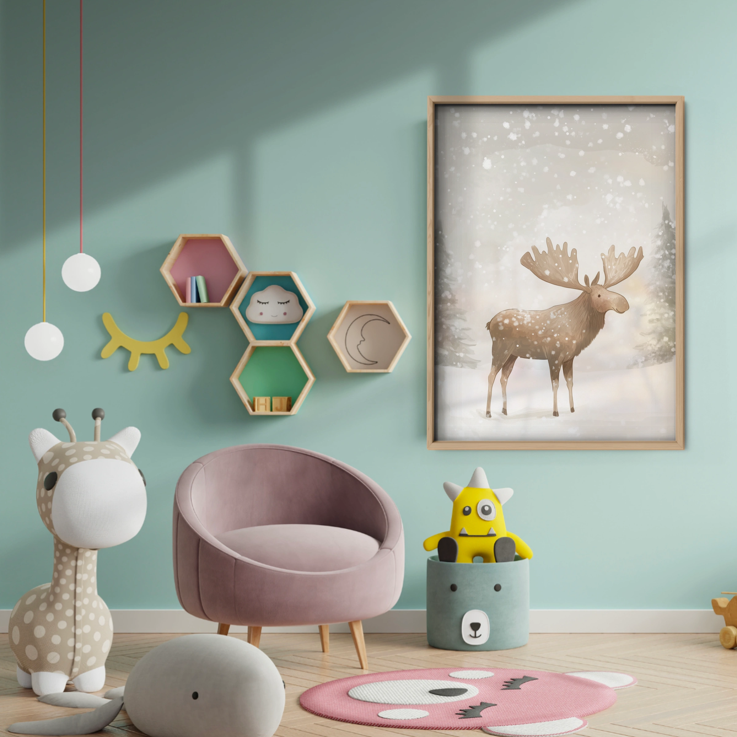 Moose in the Snow Christmas Print - baby room wall decor print