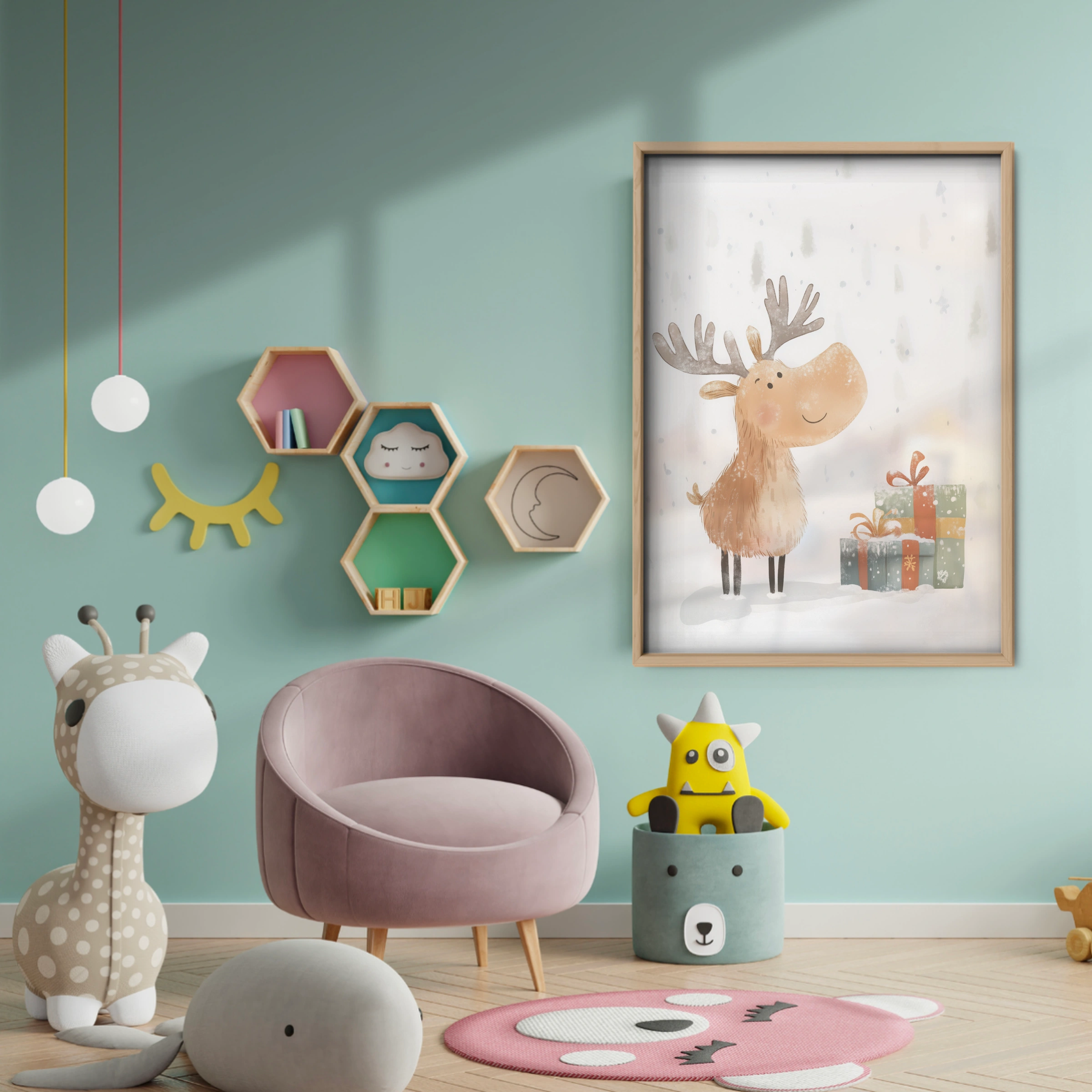 Moose with Gifts Christmas Print - baby room wall decor print