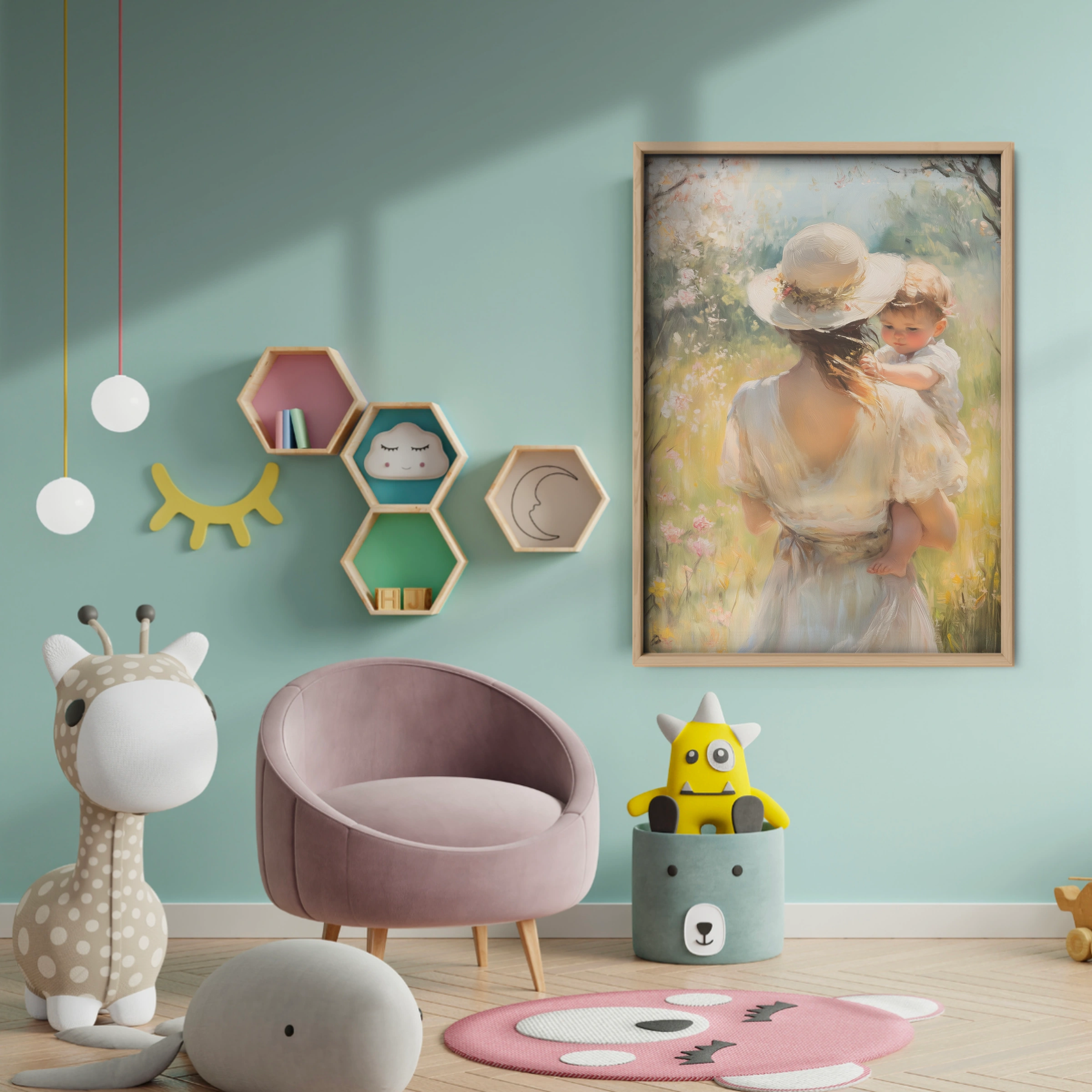 Mother and Baby in Blossom Nursery Print - baby room wall decor print