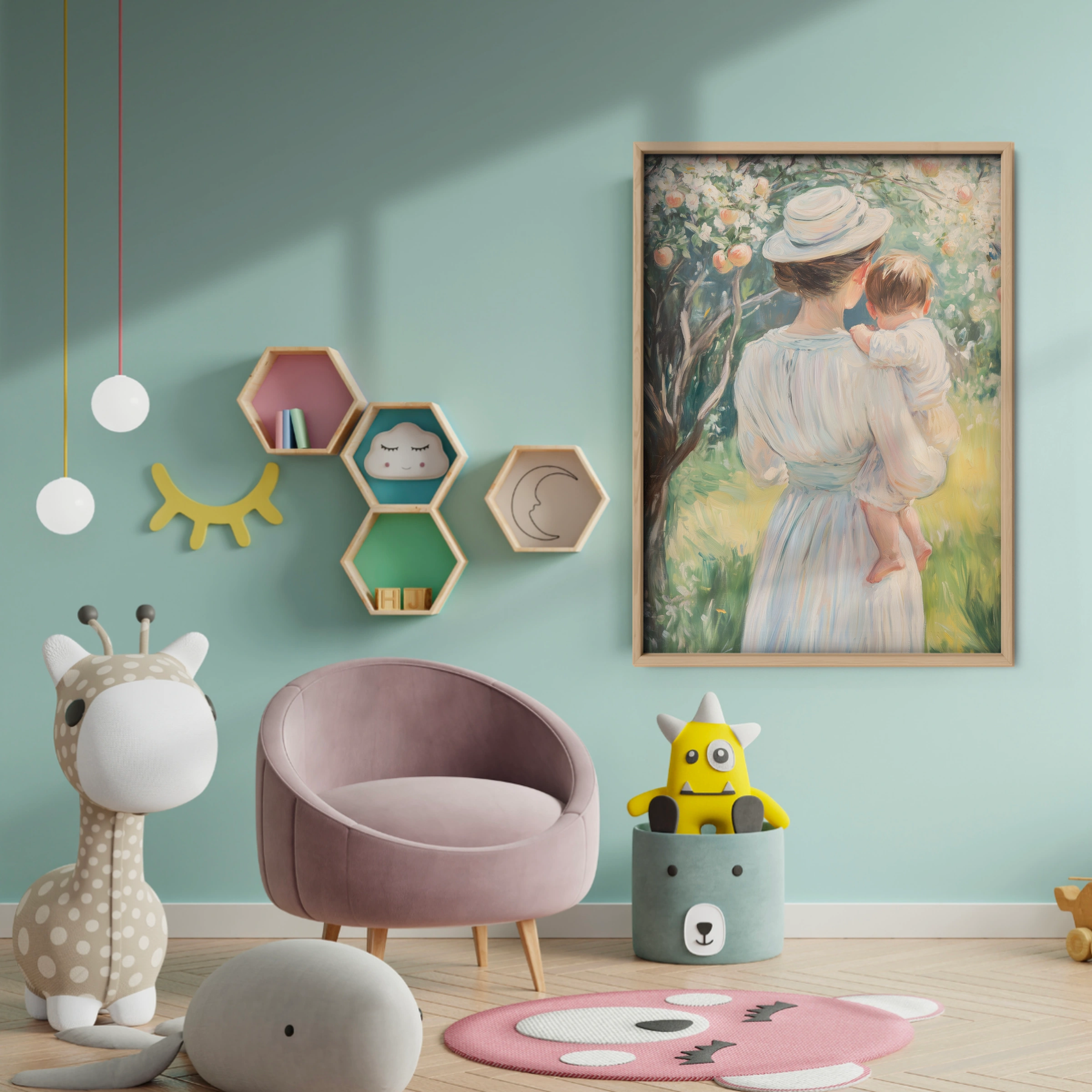 Mother and Baby in the Garden Nursery Print - baby room wall decor print