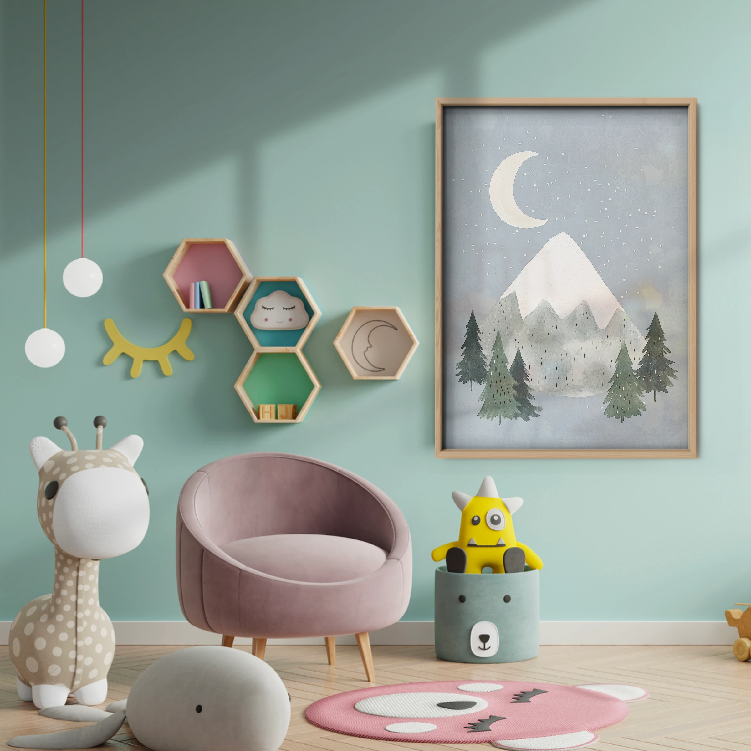 Mountain Moon Nursery Print - baby room wall decor print