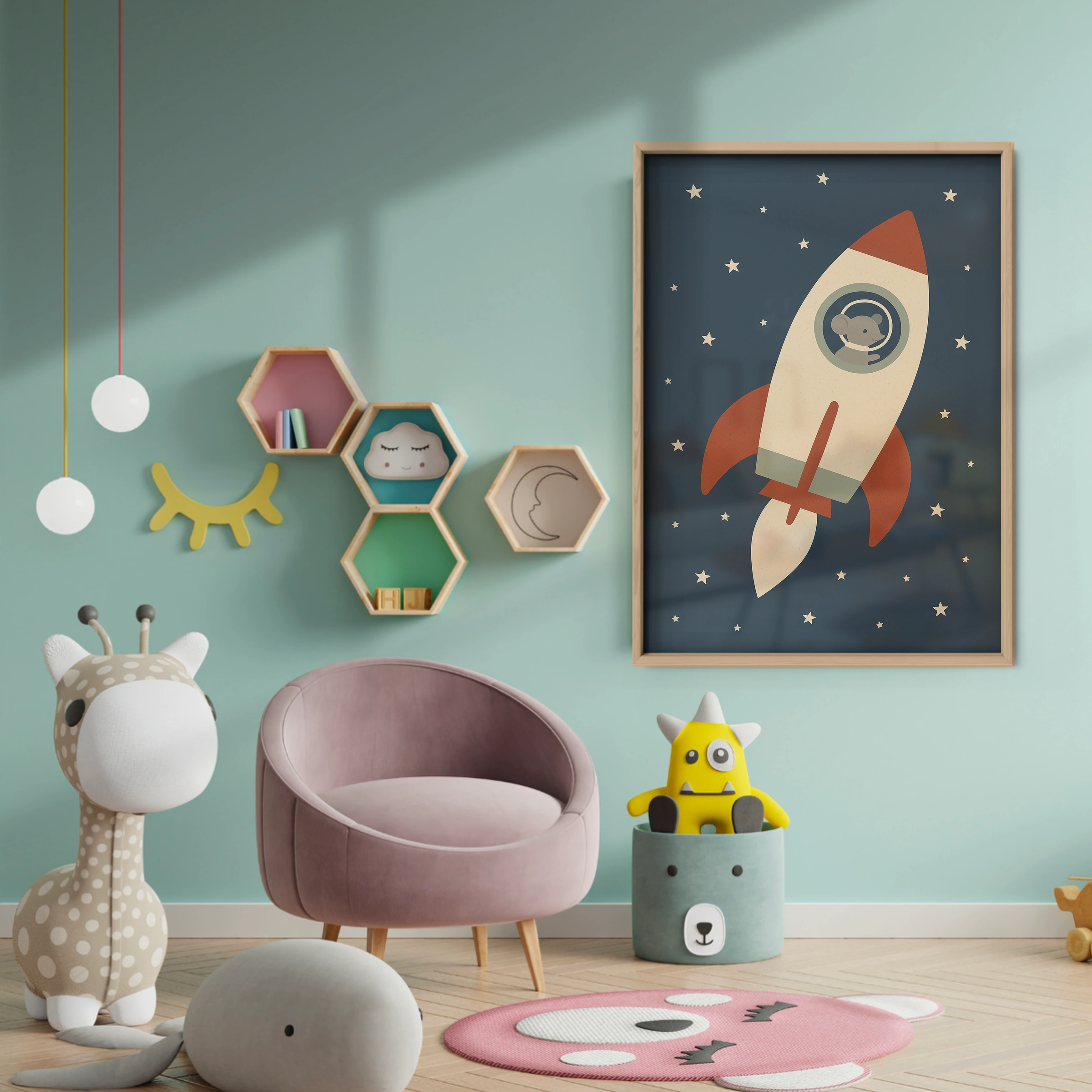 Mouse in a Rocket Nursery Print - baby room wall decor print
