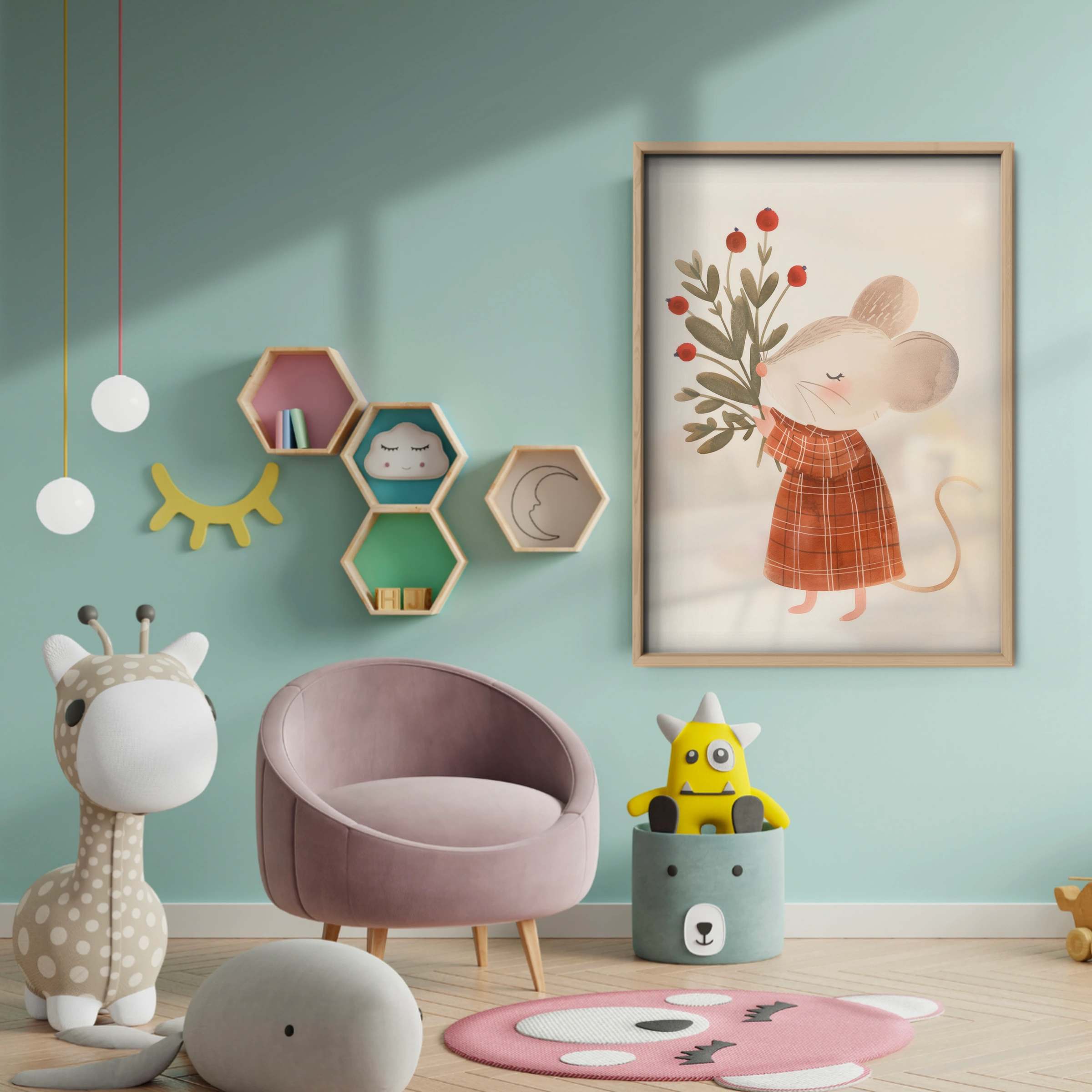 Mouse with Berries Nursery Print - baby room wall decor print