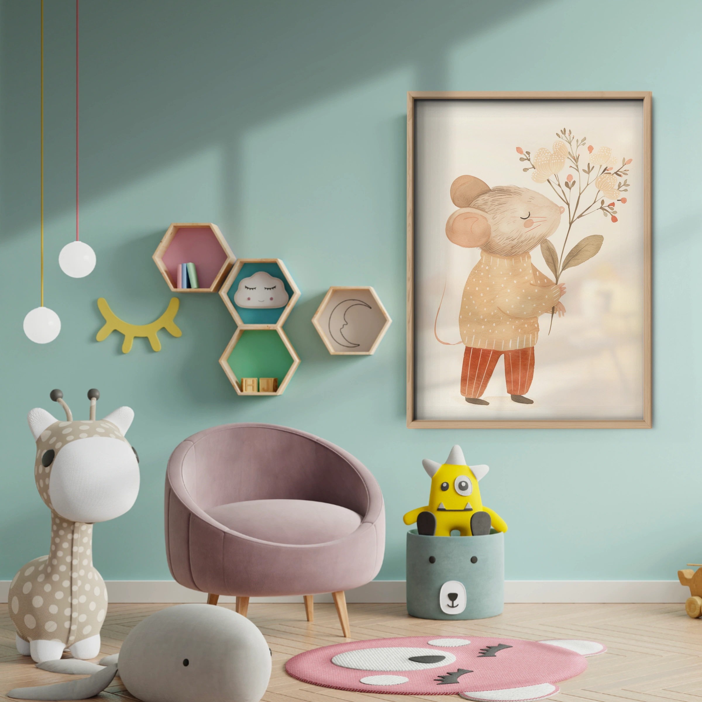 Mouse with Flowers Nursery Print - baby room wall decor print