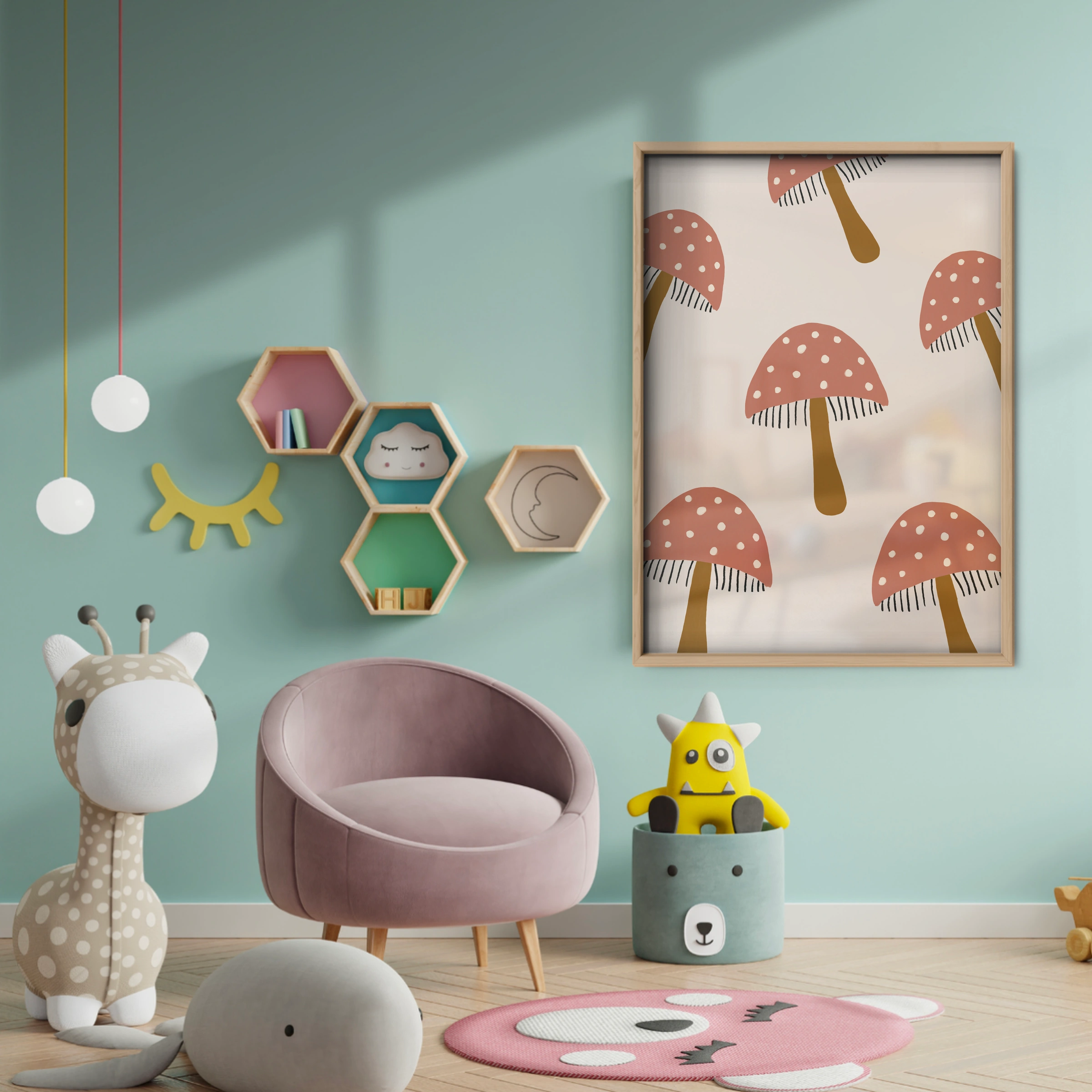 Mushroom Pattern Nursery Print - baby room wall decor print